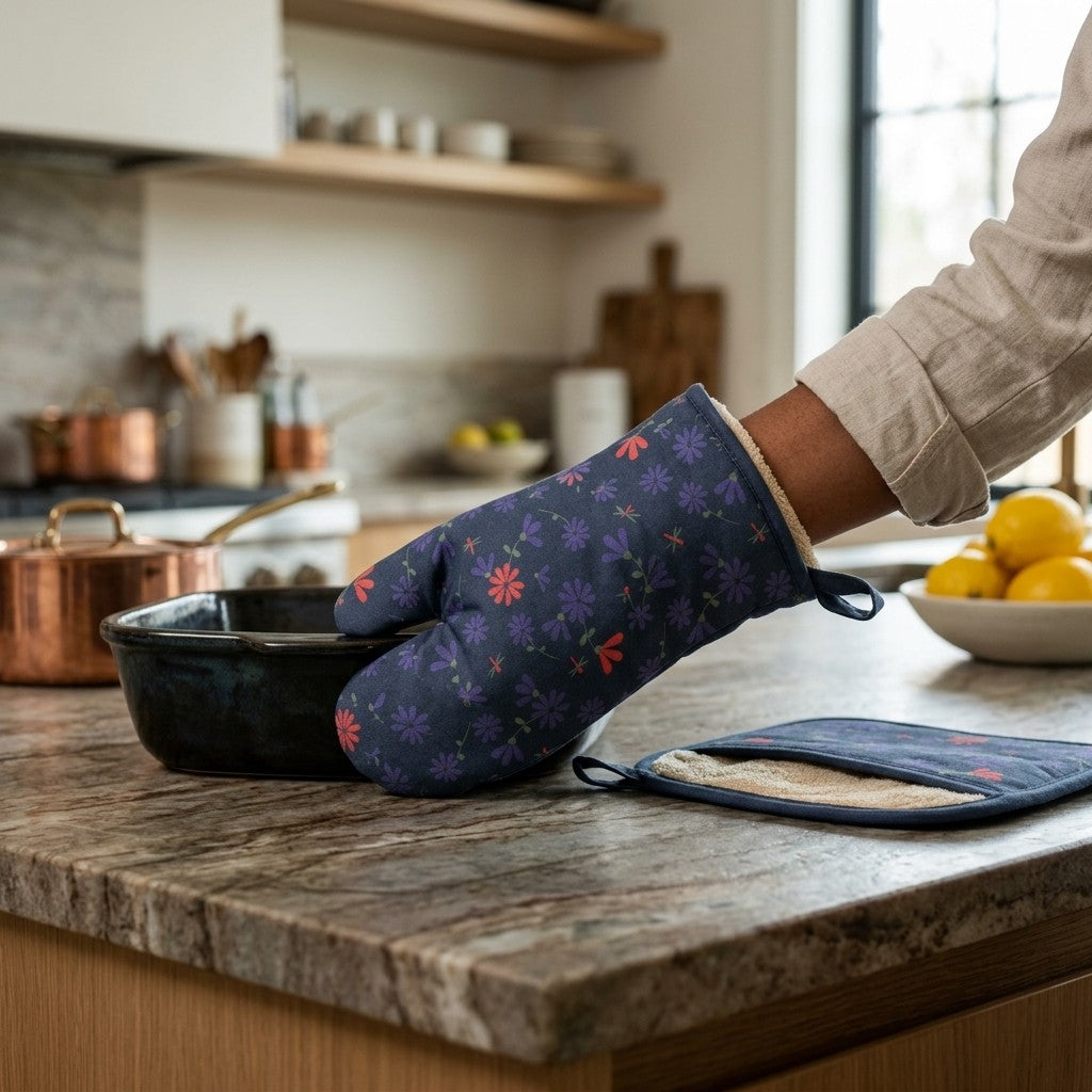 A dark blue oil colored quilted oven mitt with a purple, pink, and orange floral pattern is being used by a person in a kitchen to lift a dark baking pan. A matching flat oven mitt lies on the granite countertop nearby, with copper pots, wooden shelves, and lemons in the background from Hem And Tassel