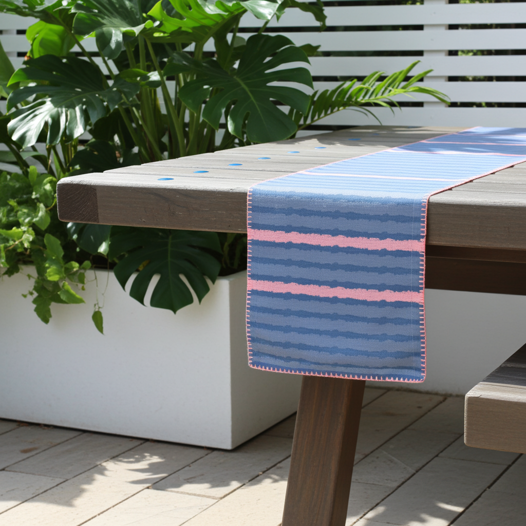 Blue and pink rough stripes table runner with color accent, outdoors on a wooden table with plants in the background from Hem And Tassel 