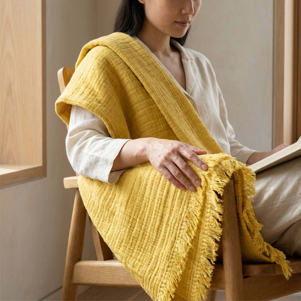 A woman seated on a wooden chair indoors, wrapped in a mustard yellow seersucker throw with tassels. She wears a light cream blouse and beige pants, and the room has warm neutral walls and wood trim from Hem And Tassel 