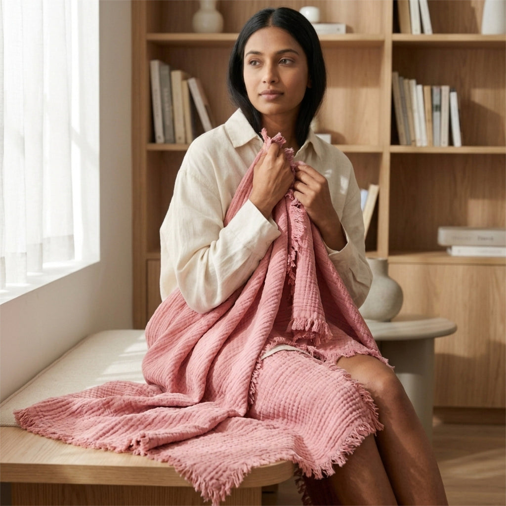 A woman sits on a wooden bench in a bright room, holding a dusty pink seersucker tasseled throw draped over her lap. She wears a cream button-up shirt, with a wooden bookshelf visible in the background from Hem And Tassel 