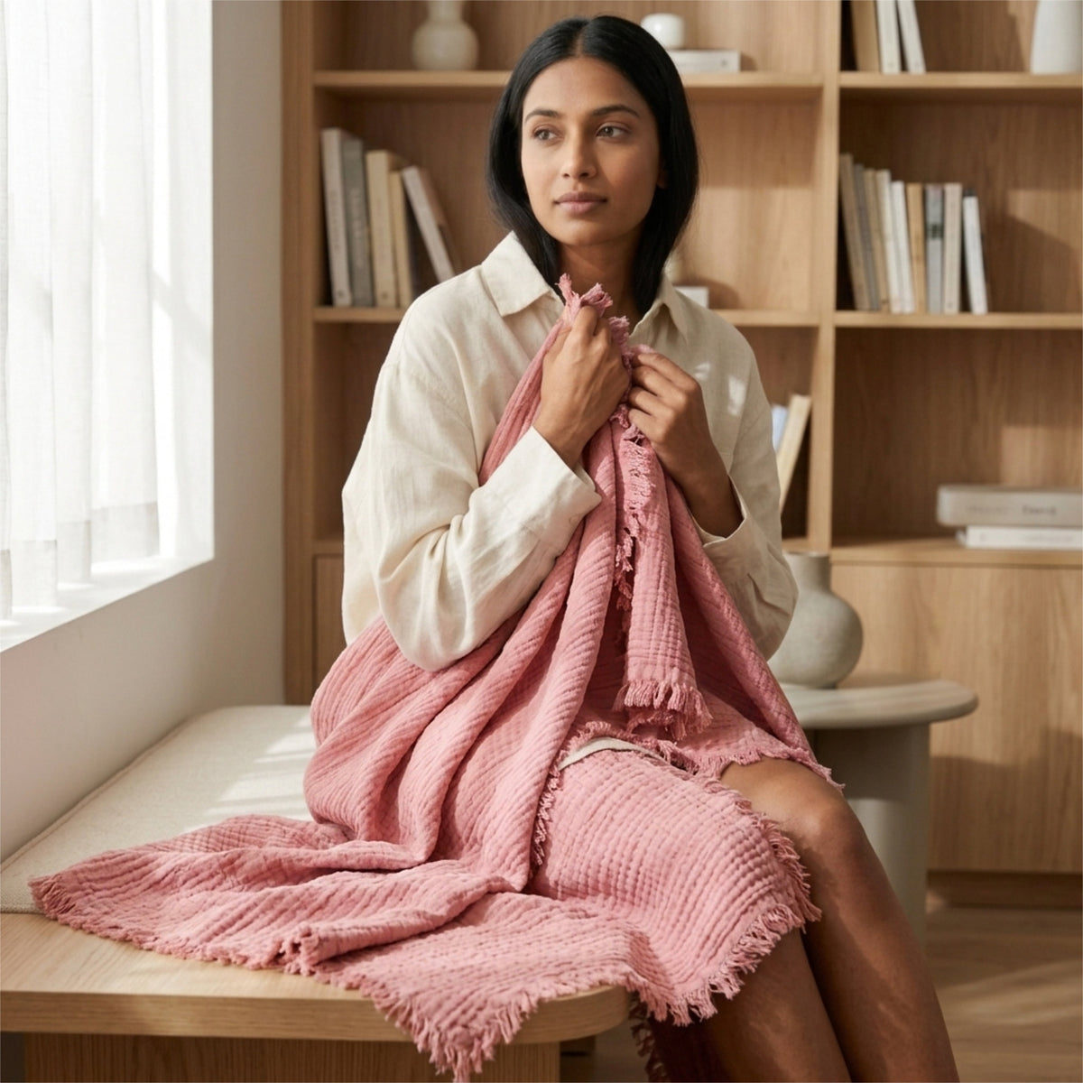 A woman sits on a wooden bench in a bright room, holding a dusty pink seersucker tasseled throw draped over her lap. She wears a cream button-up shirt, with a wooden bookshelf visible in the background from Hem And Tassel 