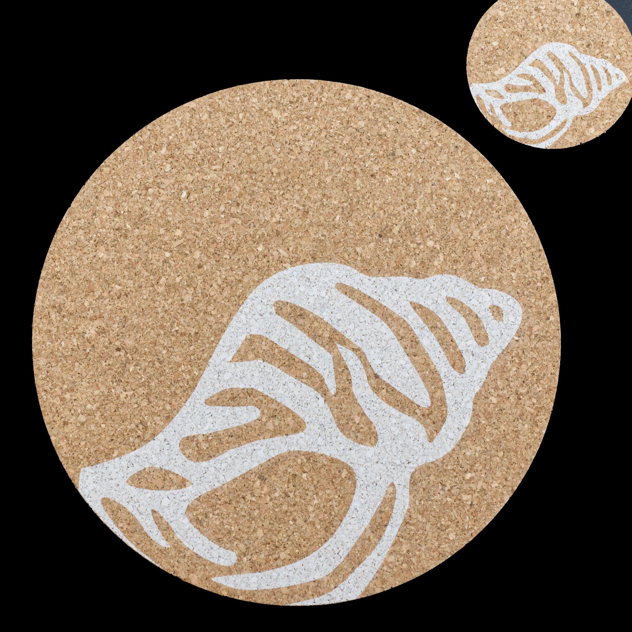 shell home by the sea cork placemat from Hem And Tassel with matching coaster on black background