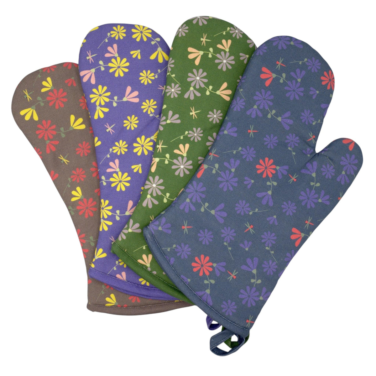 Set of four floral-patterned shy dragonfly oven mitts on a white background from Hem And Tassel