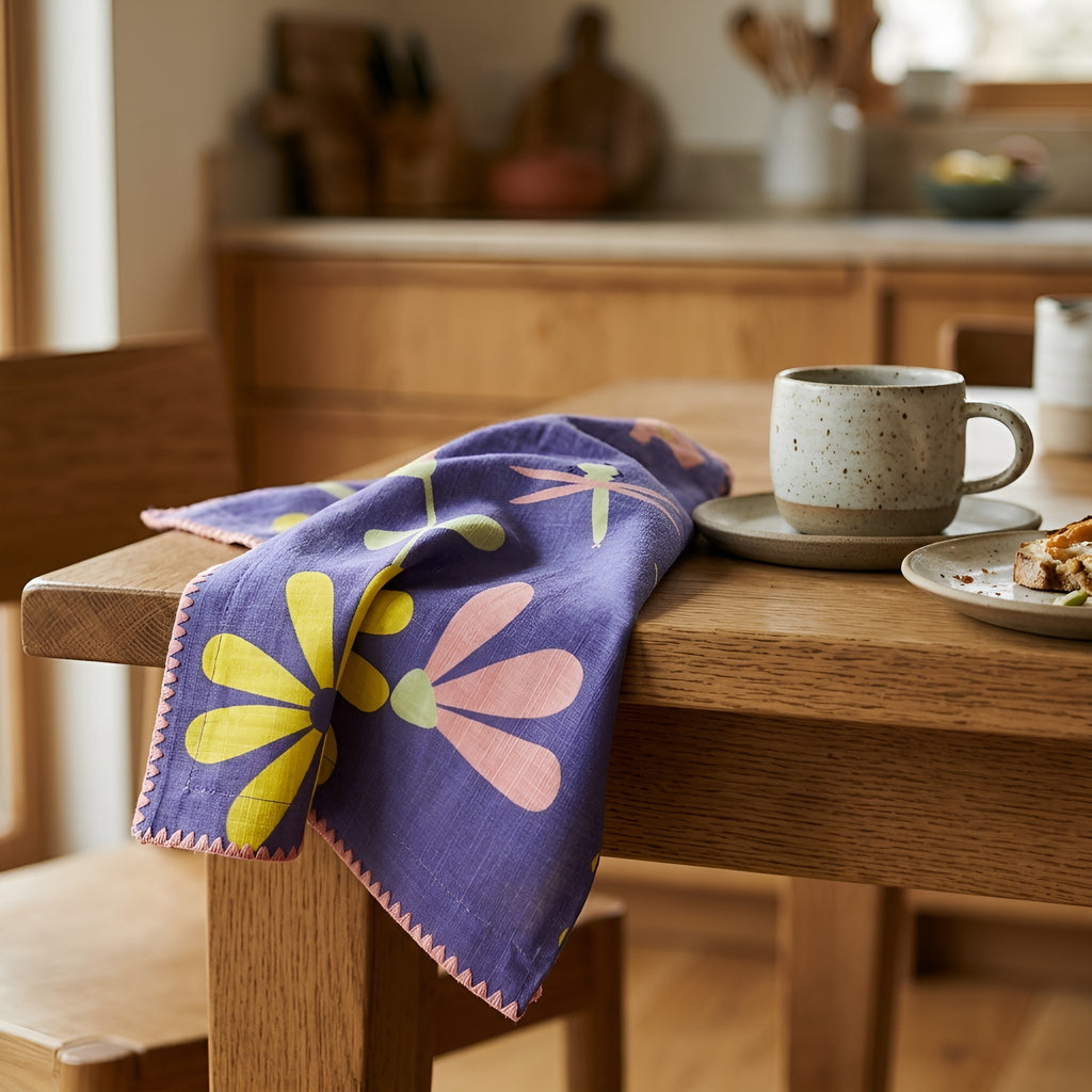 shy dragonfly dinner napkin-purple on kitchen dining table with cup and plate of toast from Hem And Tassel 