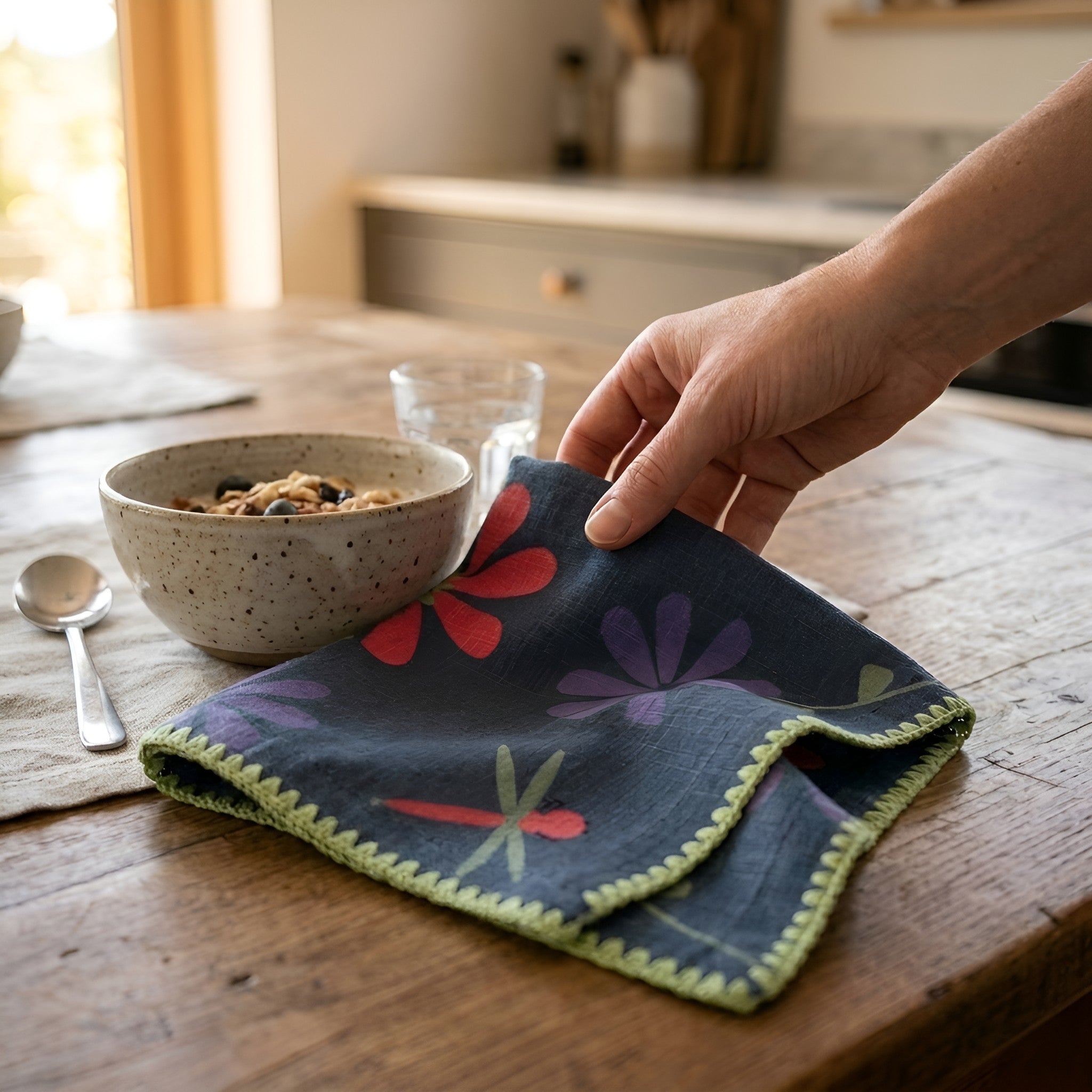 A hand holds a dark navy shy dragonfly cloth napkin with a colorful floral pattern and green scalloped edge on a rustic wooden table next to a bowl of cereal from Hem And Tassel 