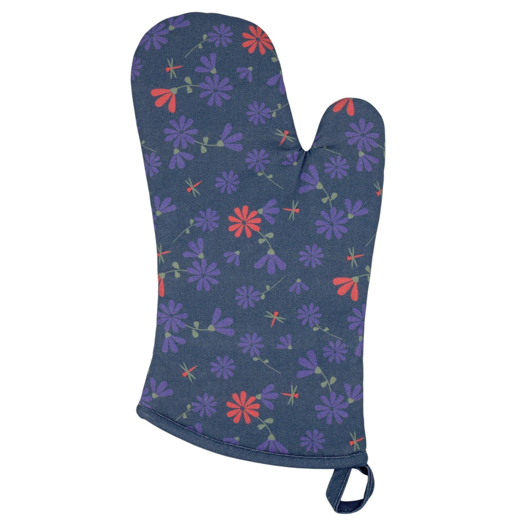 Floral-patterned shy dragonfly oven mitt on a white background in oil color from Hem And Tassel