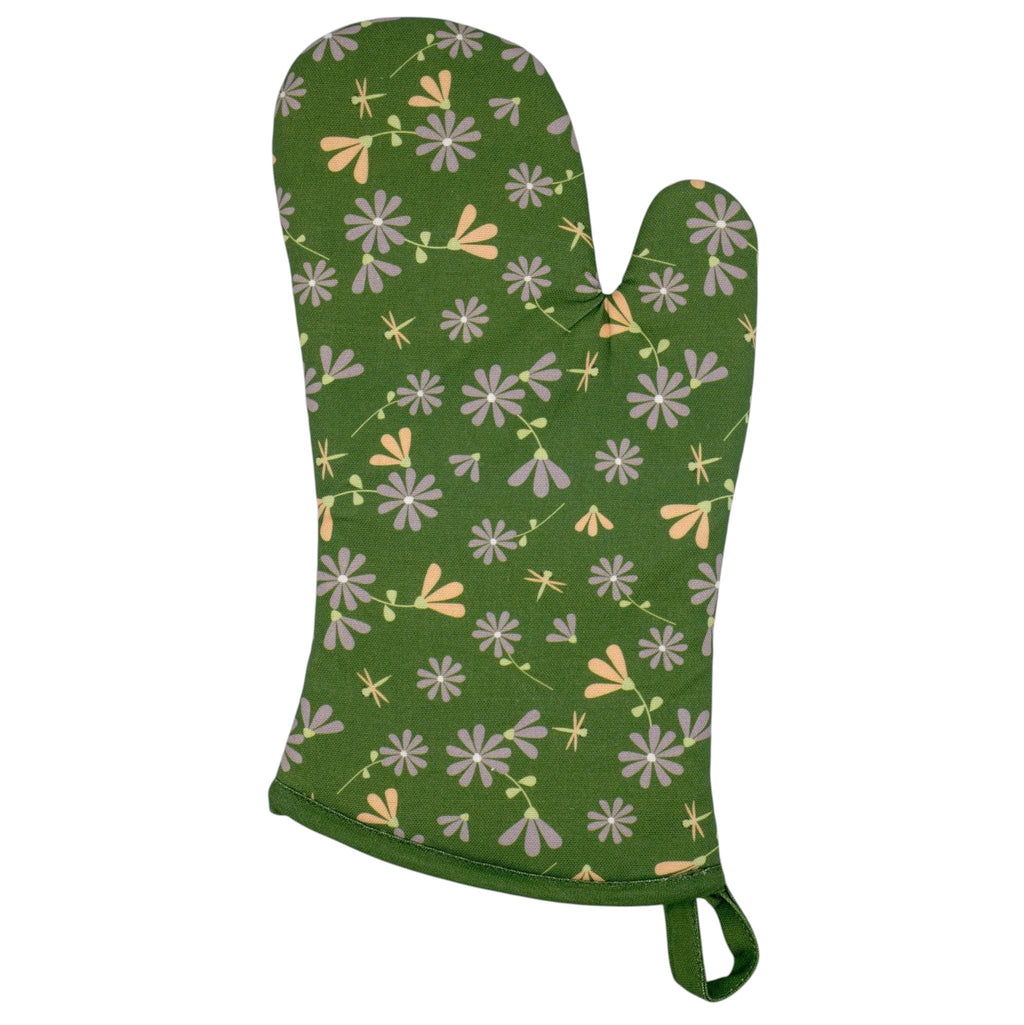 Green floral-patterned  shy dragonfly oven mitt on a white background from Hem And Tassel