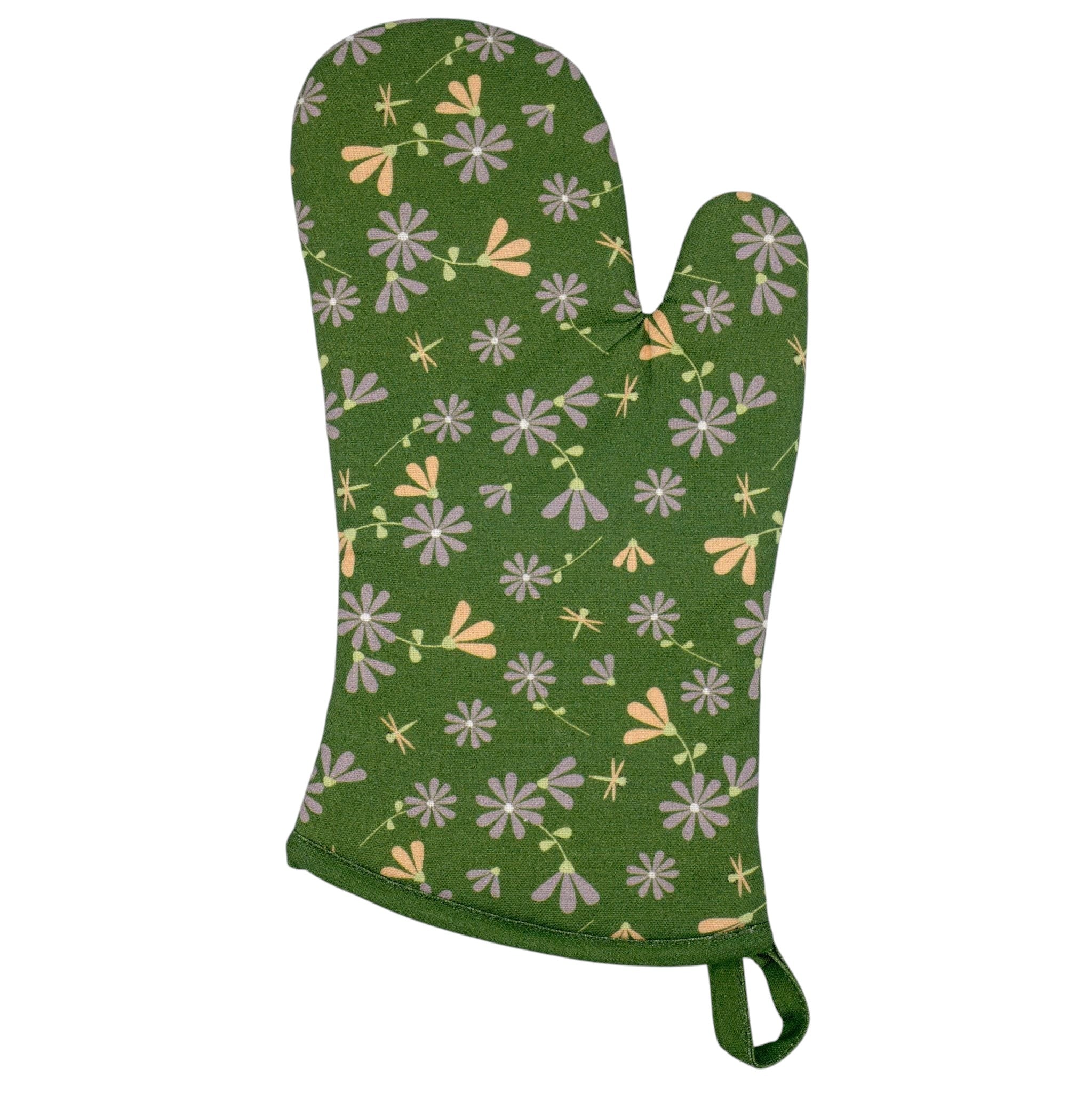 Green floral-patterned  shy dragonfly oven mitt on a white background from Hem And Tassel