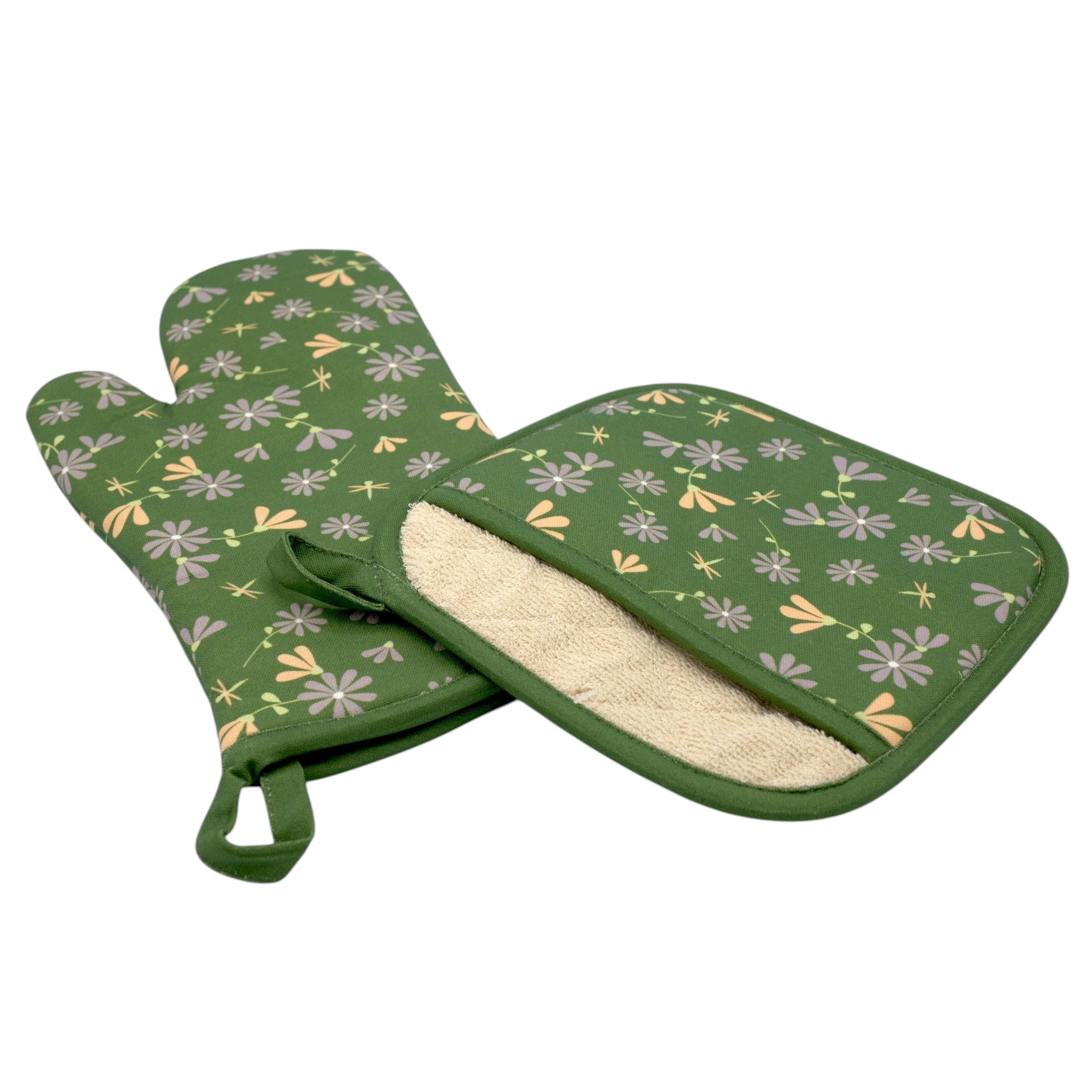 Green floral-patterned shy dragonfly oven mitt and pot holder on a light gray background from Hem And Tassel