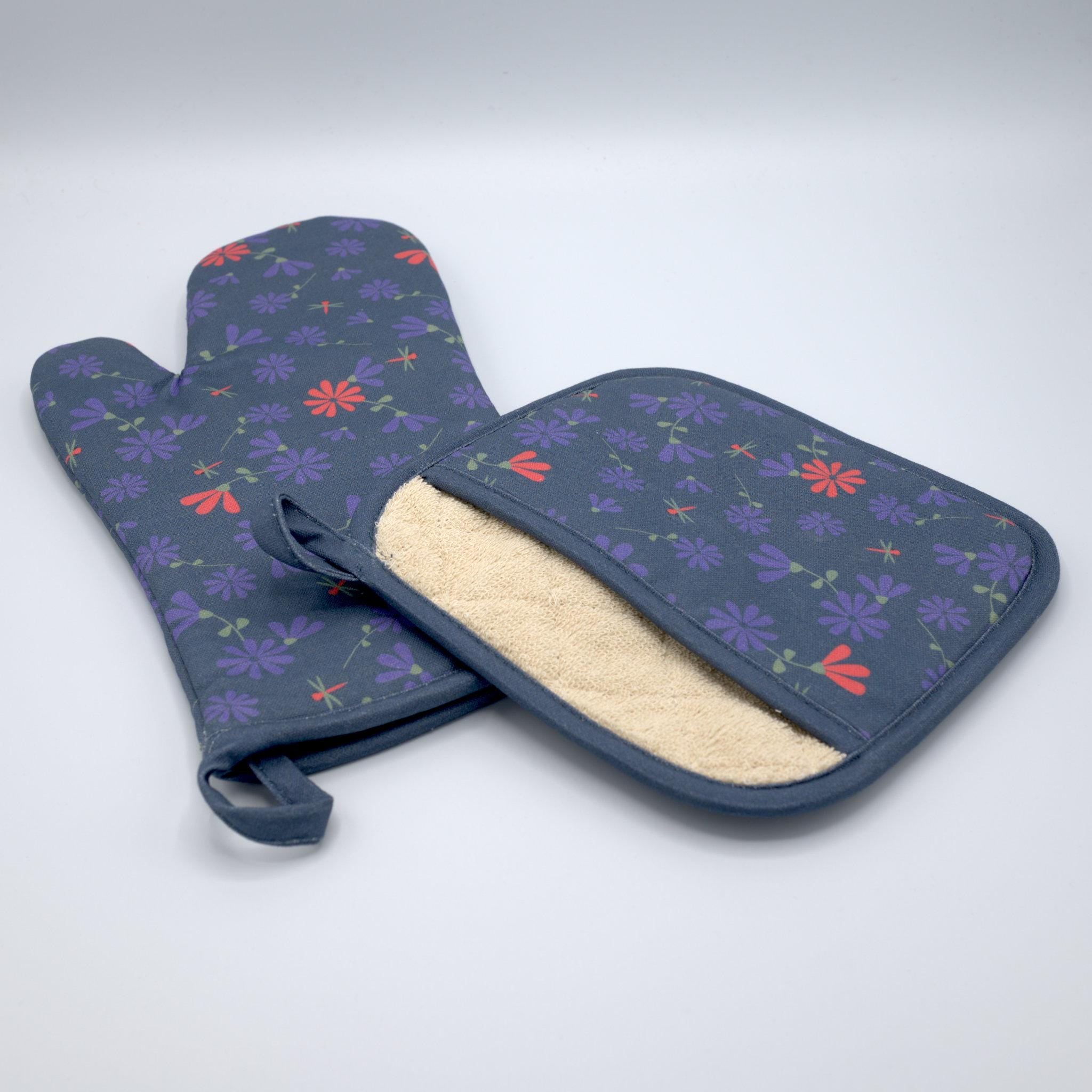 Floral-patterned shy dragonfly oven mitt and pot holder oil color on a white background from Hem And Tassel 