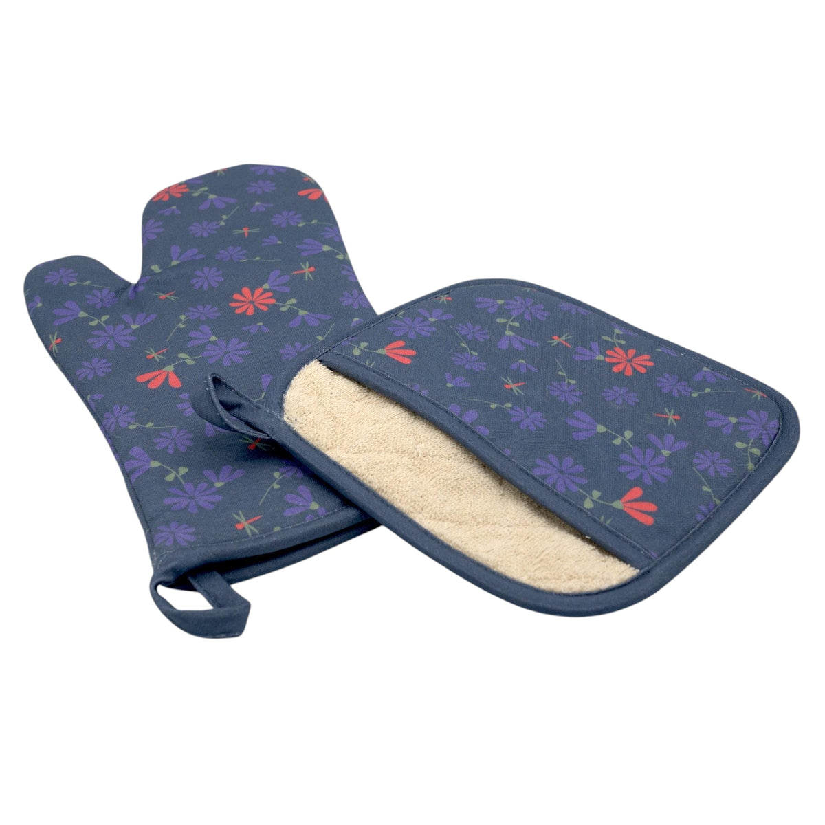 Floral-patterned shy dragonfly oven mitt and pot holder oil color on a white background from Hem And Tassel