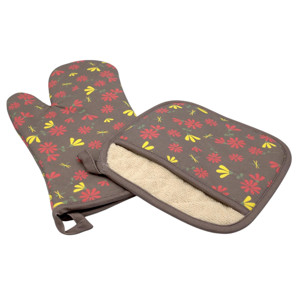 Floral patterned shy dragonfly oven mitt and pot holder on a gray background from Hem And Tassel