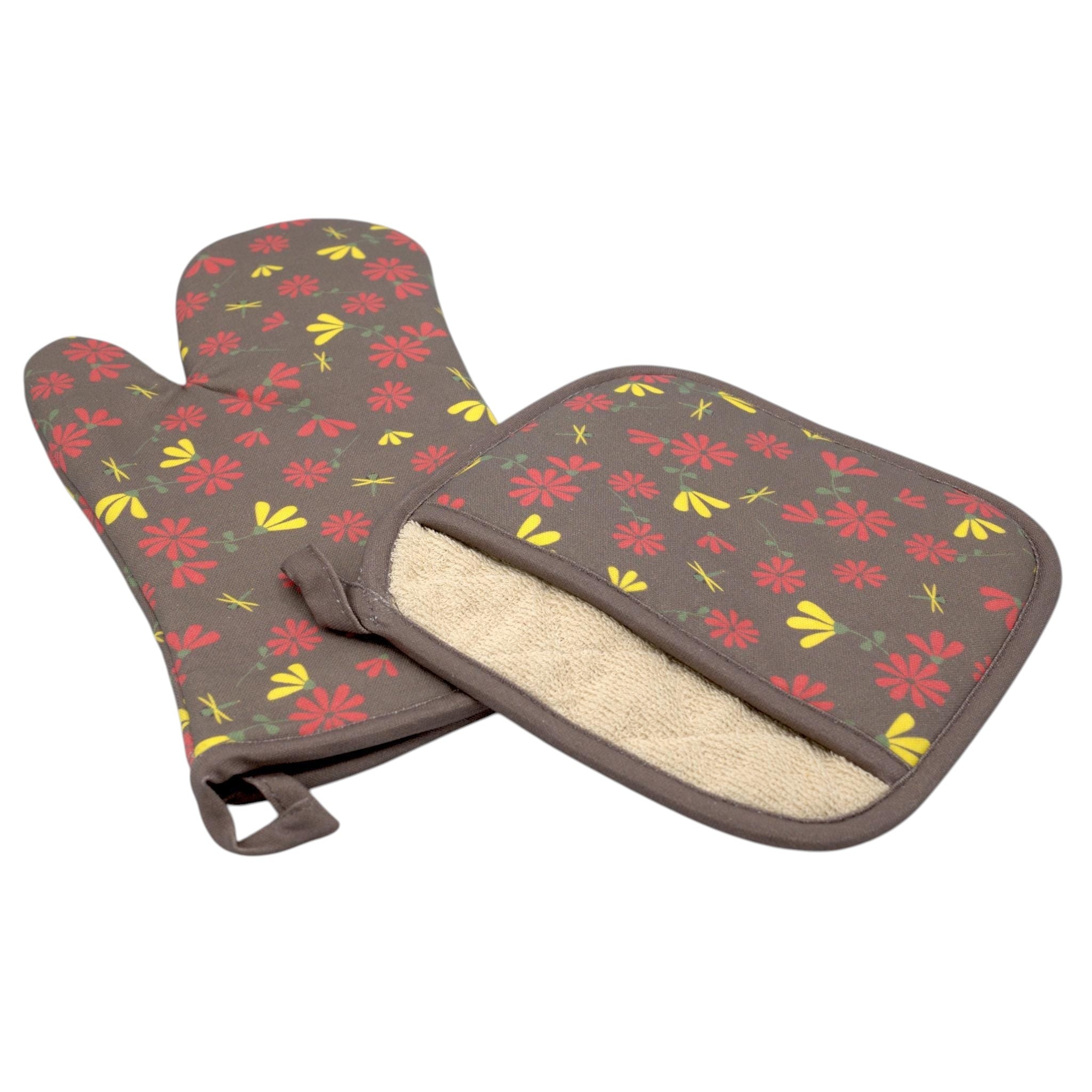 Floral patterned shy dragonfly oven mitt and pot holder on a gray background from Hem And Tassel