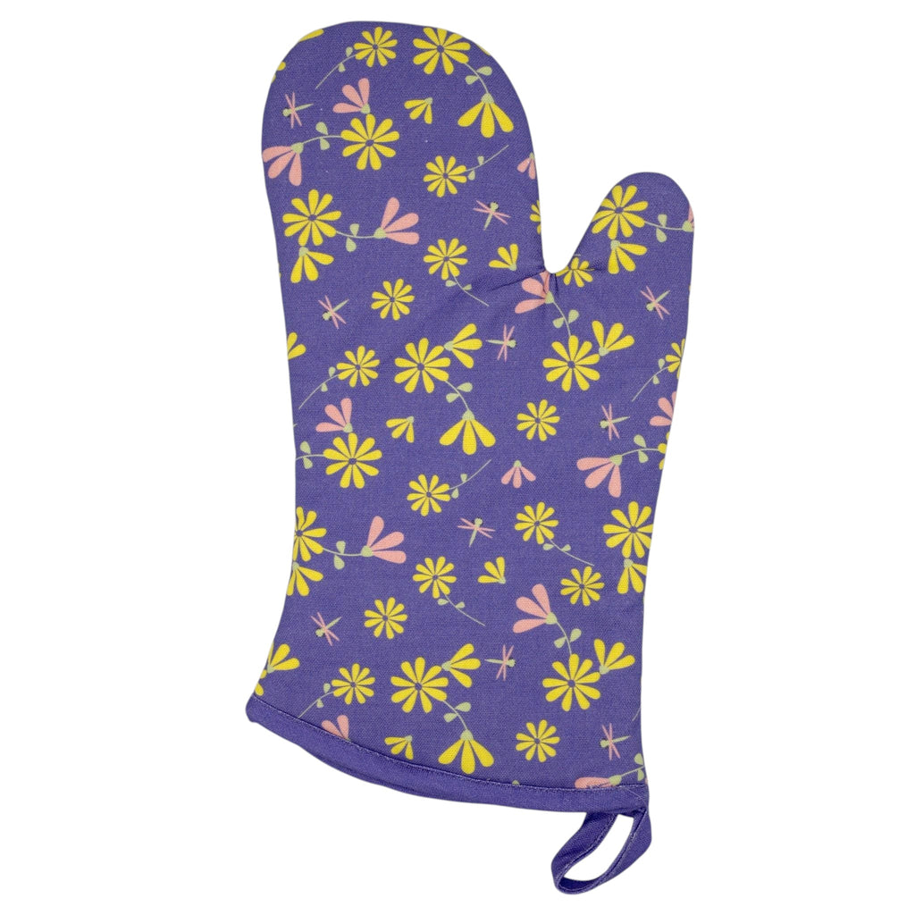 Purple shy dragonfly oven mitt with floral pattern on a white background from Hem And Tassel