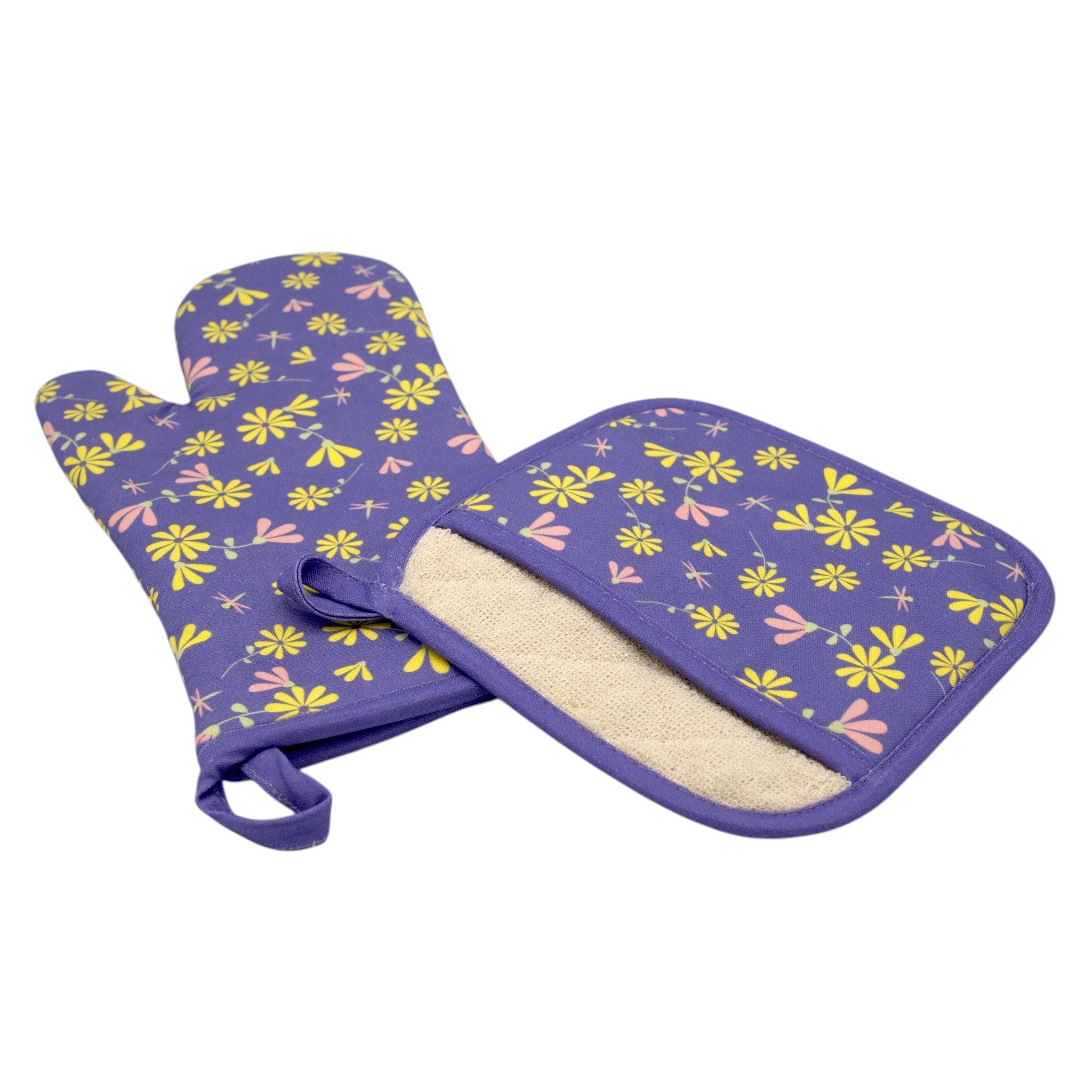 Purple shy dragonfly oven mitt and pot holder with floral pattern on a white background from Hem And Tassel