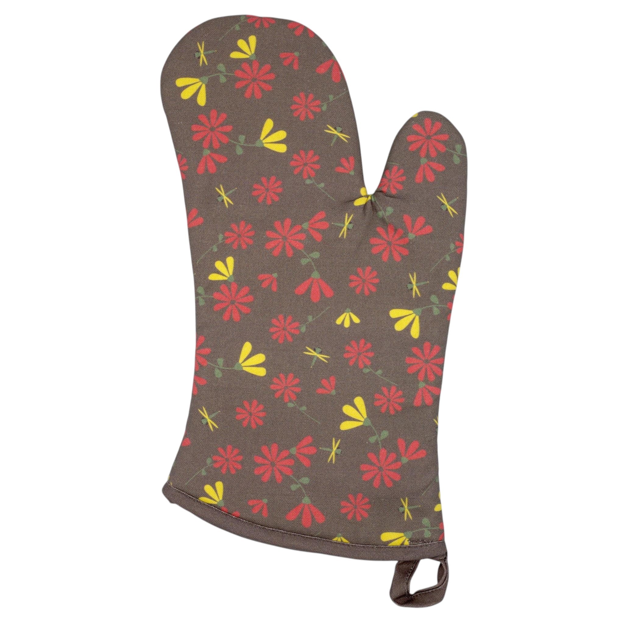 Floral-patterned shy dragonfly oven mitt on a white background from Hem And Tassel