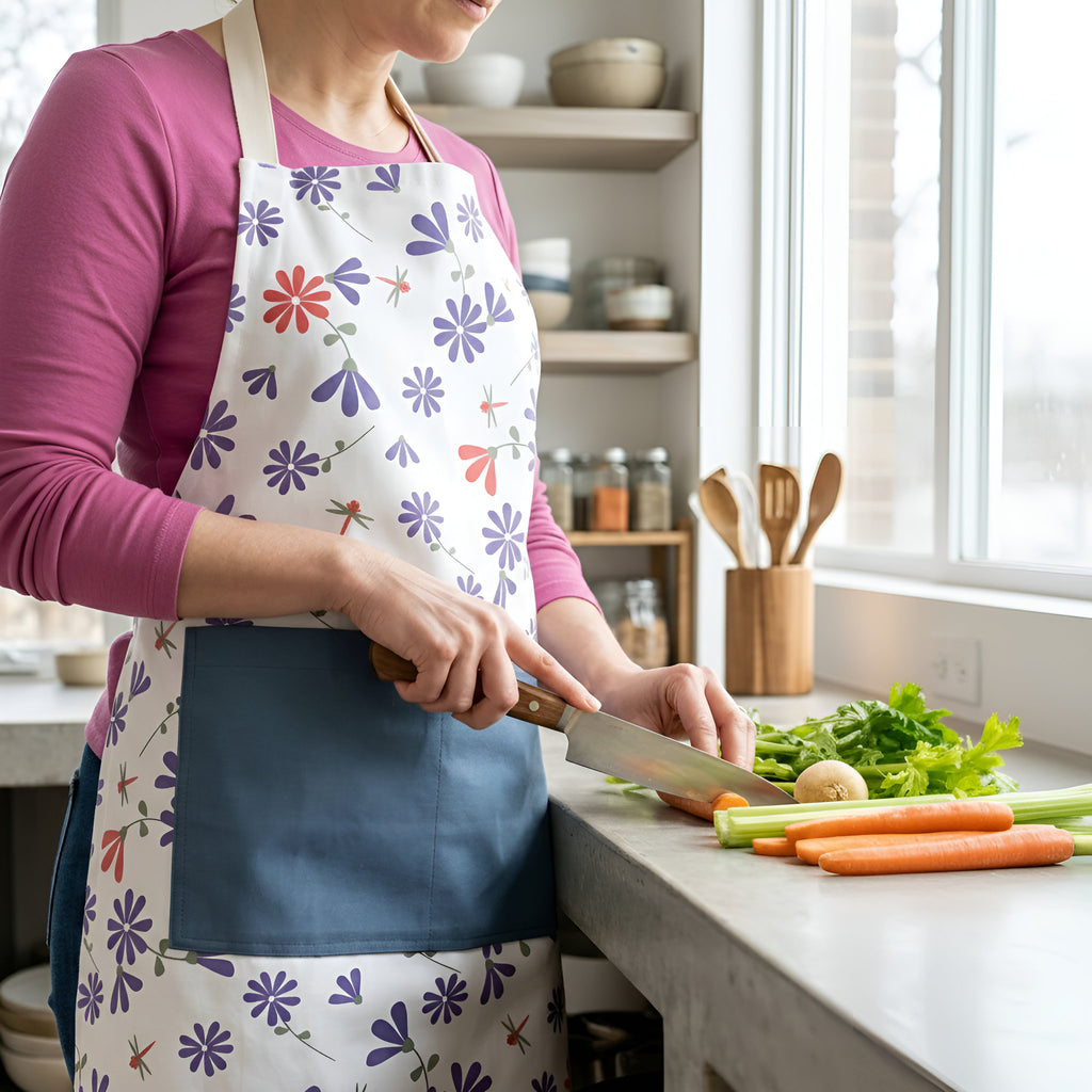 A person wearing a shy dragonfly floral apron over a pink long-sleeve shirt is slicing vegetables on a kitchen counter. The apron is white with purple, blue, and red flower patterns and a solid blue front pocket from Hem And Tassel 