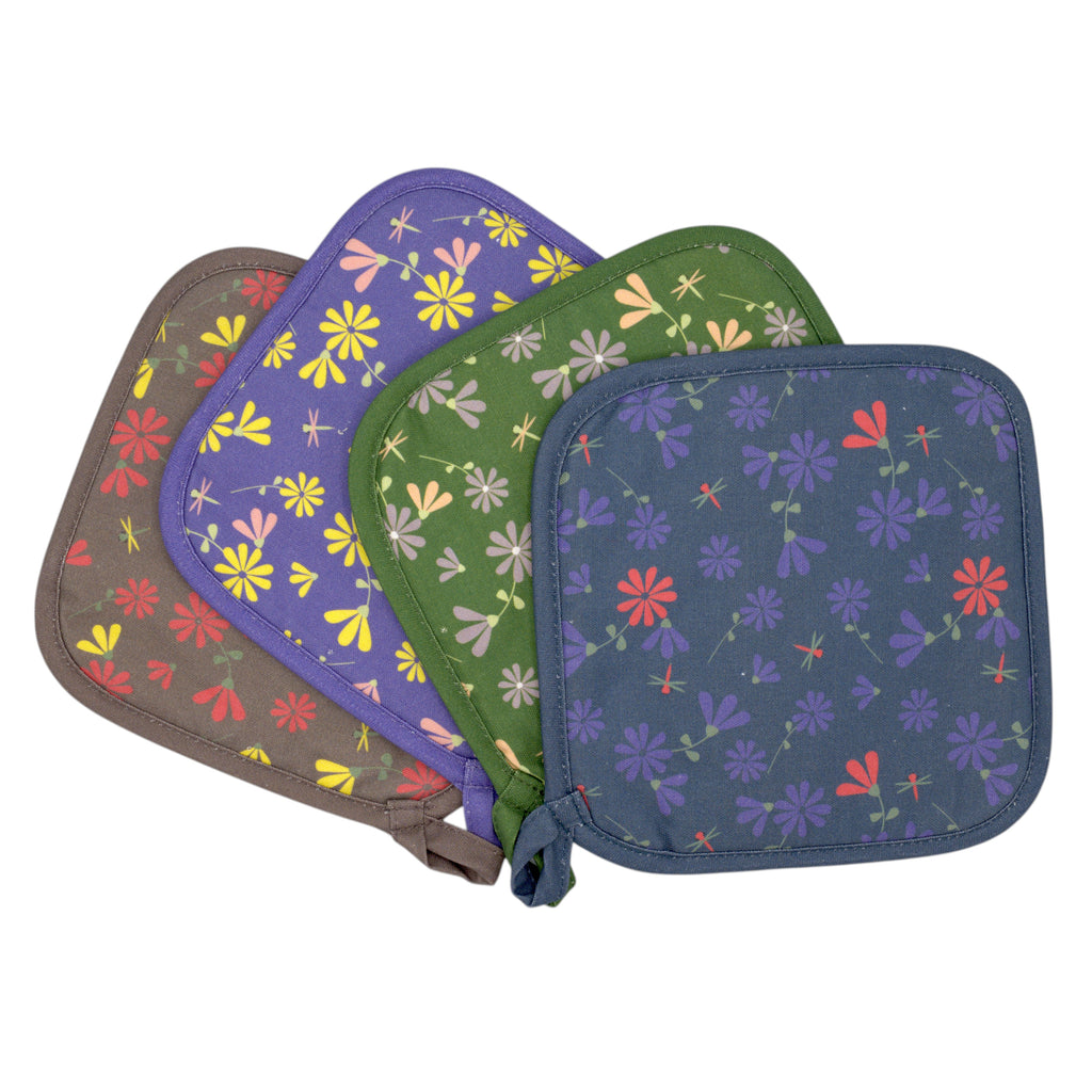 Four floral-patterned shy dragonfly pot holders on a white background from Hem And Tassel