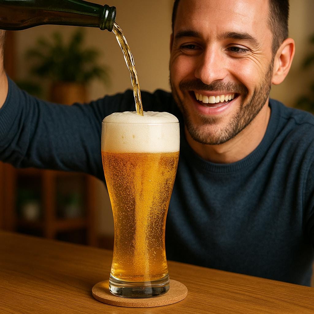 smiling man pouring beer into slash beer glass made in Japan, from Hem And Tassel