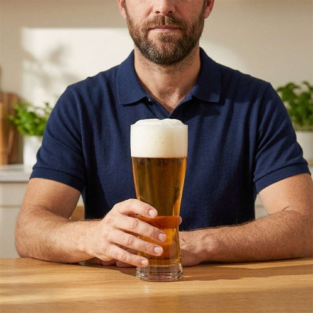 A man wearing a navy blue polo shirt holds a tall glass of beer with a thick head of white foam on a wooden table from Hem And Tassel 