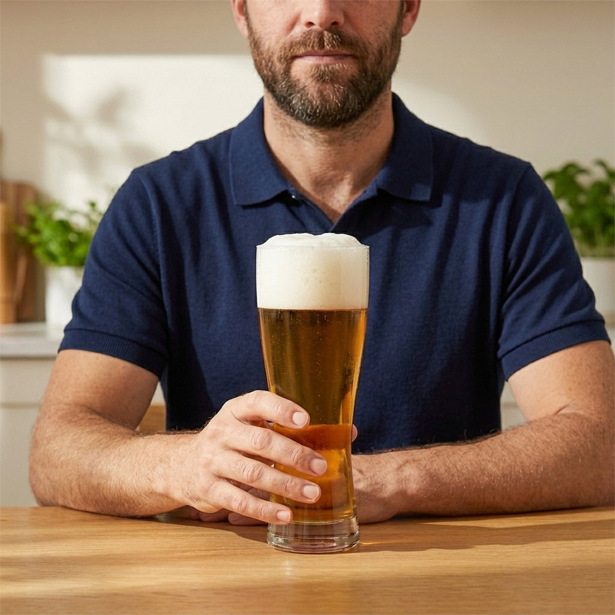 A man wearing a navy blue polo shirt holds a tall glass of beer with a thick head of white foam on a wooden table from Hem And Tassel 