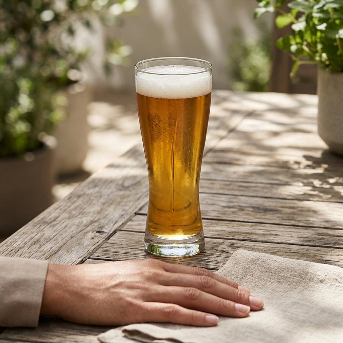 A tall, clear beer glass filled with golden beer and a white foamy head, set on a rustic wooden table outdoors with a person's hand resting nearby.