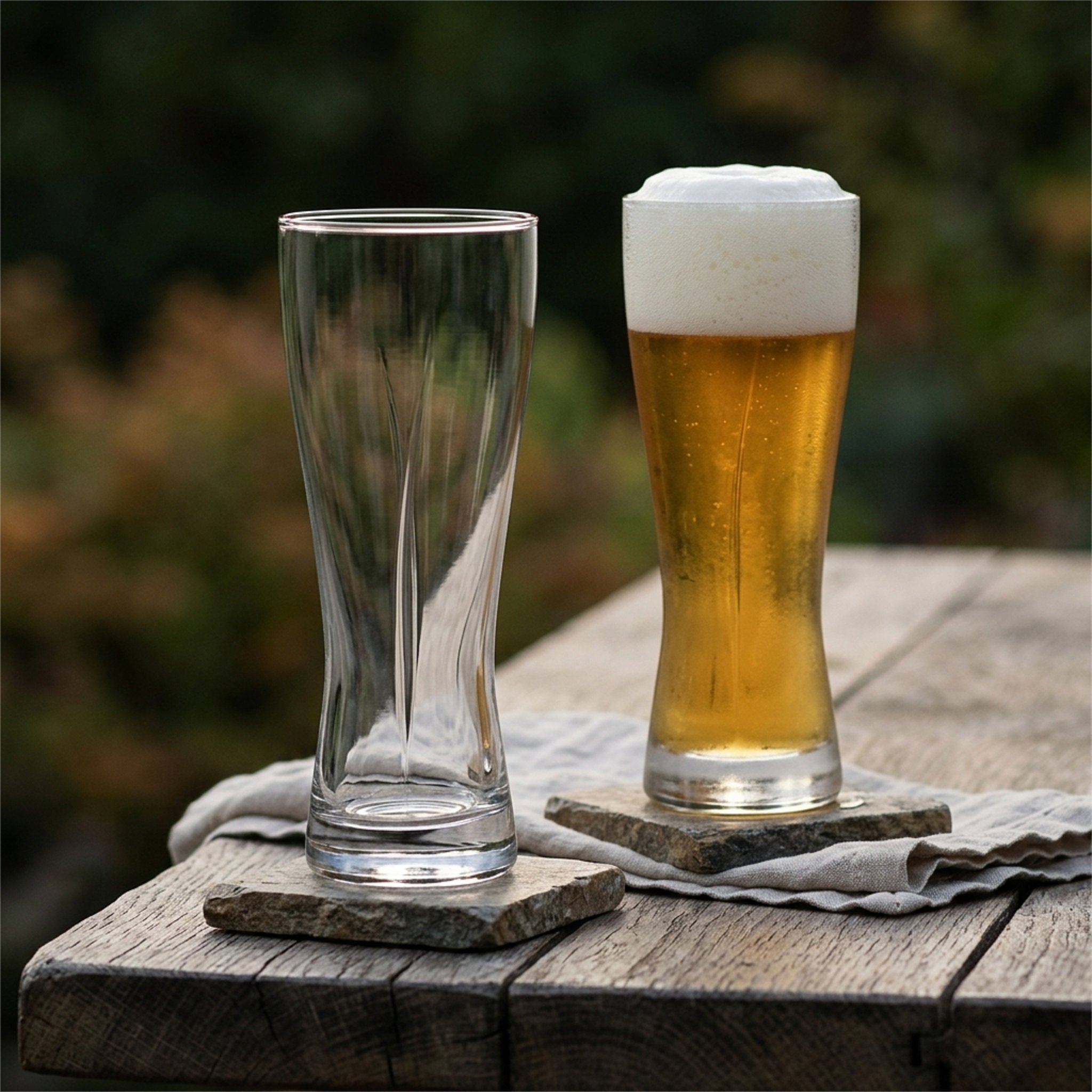 Two clear drinking glasses on a weathered wooden table outdoors, with one glass empty and the other filled with golden beer and white foam, set against a blurred green background from Hem And Tassel 