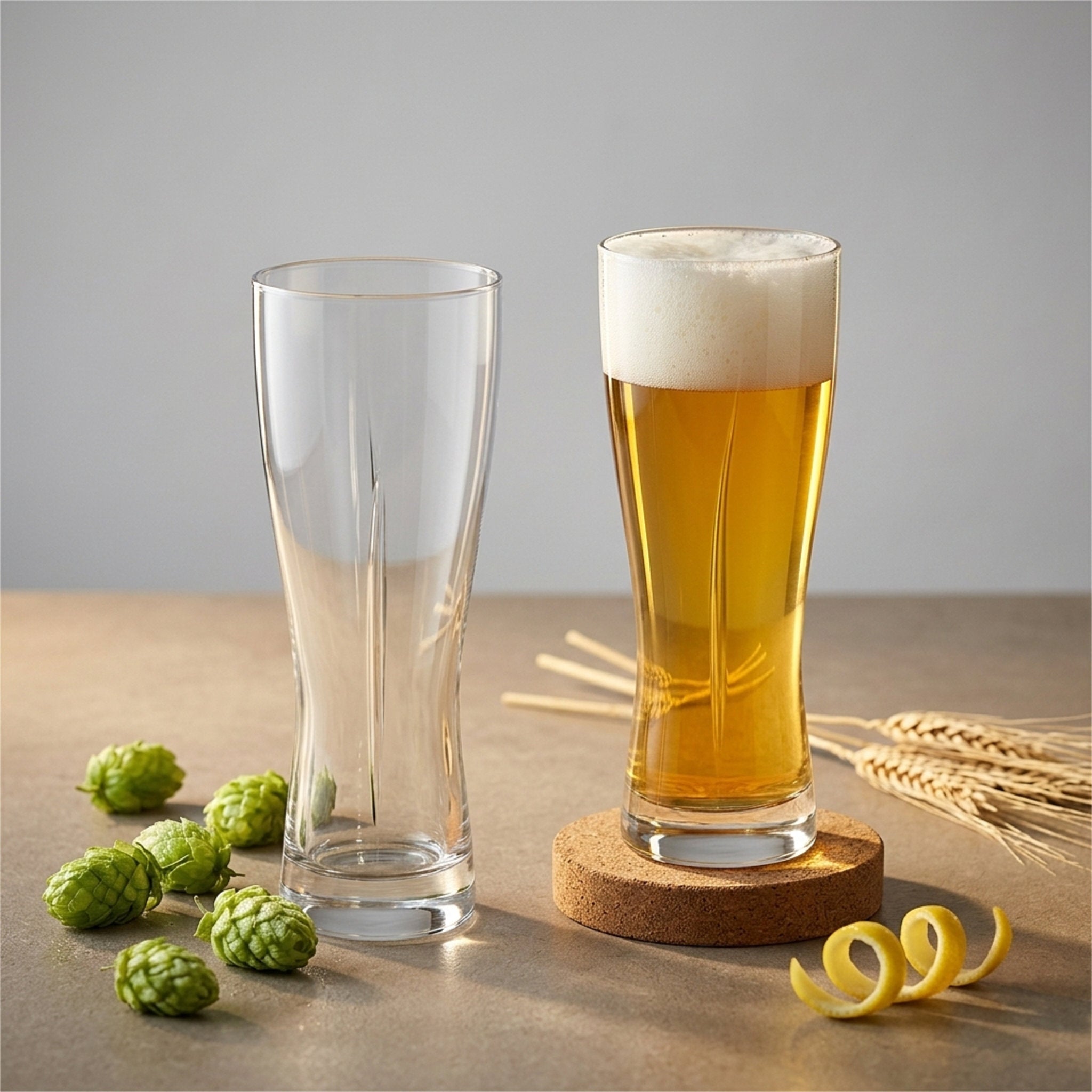 Two clear beer glasses on a tabletop, one empty and one filled with golden beer and white foam, styled with hops, wheat, and a curl of lemon zest against a neutral gray background from Hem And Tassel 