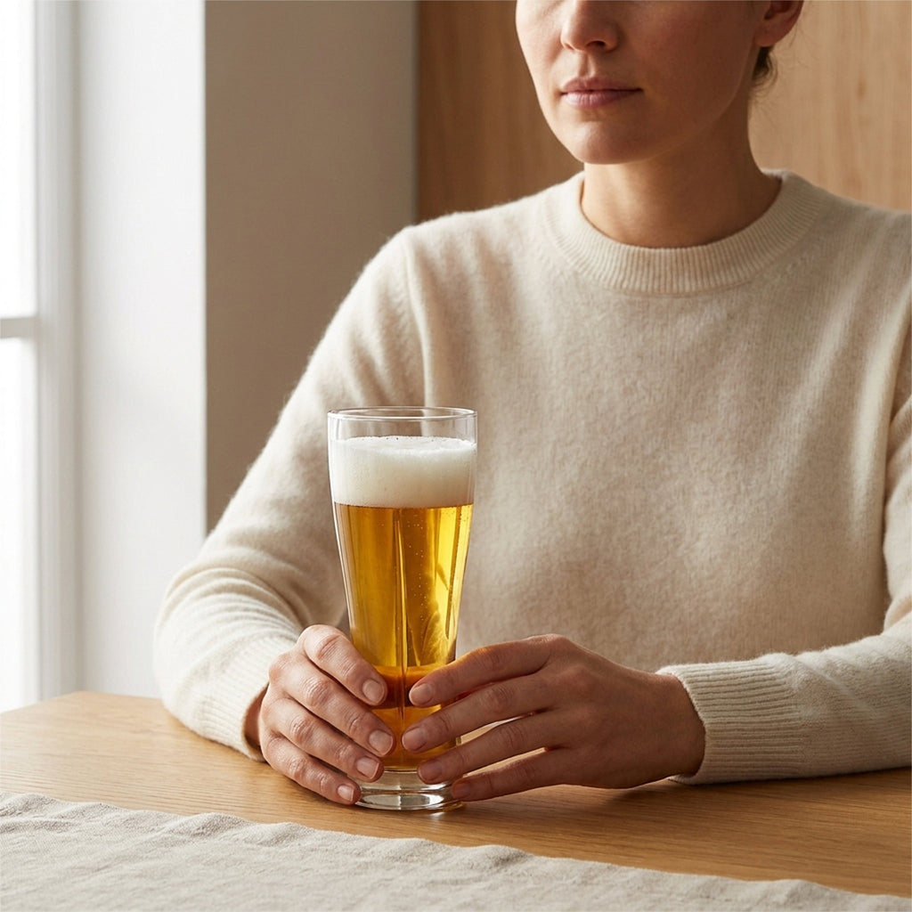 A person in a cream knit sweater holds a tall clear glass filled with golden beer and white foam at a wooden table from Hem And Tassel 