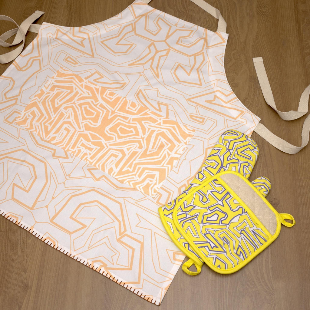 rich cotton oven mitt and pot holder in yellow color of squiggles design with matching design apron open flat - from Hem And Tassel