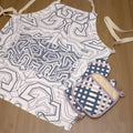 rich cotton percale apron of squiggles design in winter color and jute impossible set of oven mitt and hot pad - from Hem And Tassel