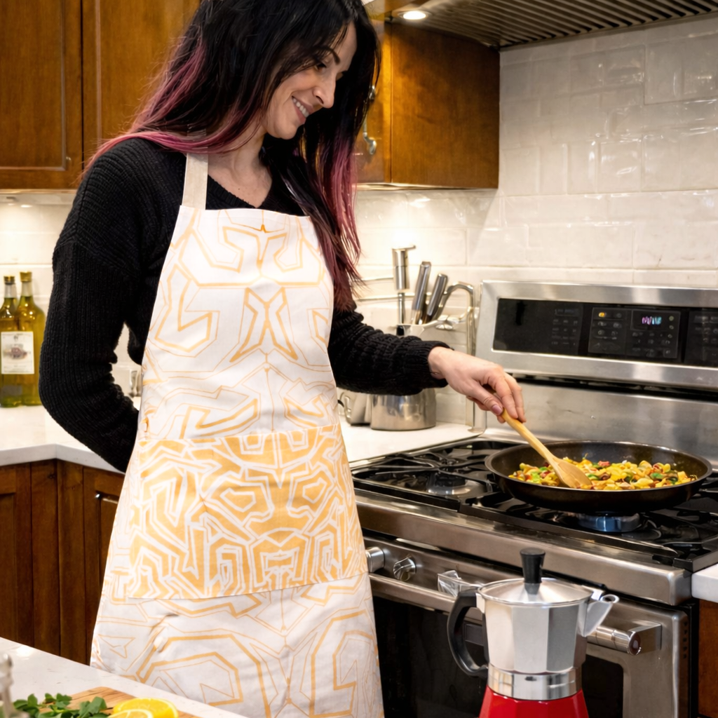 Woman cooking in a kitchen wearing a patterned squiggles apron from Hem And Tassel 