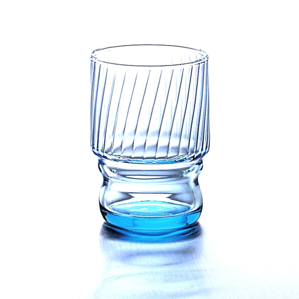 denim stackable glass tumbler with textured design made in Japan, from Hem And Tassel on a light gray background