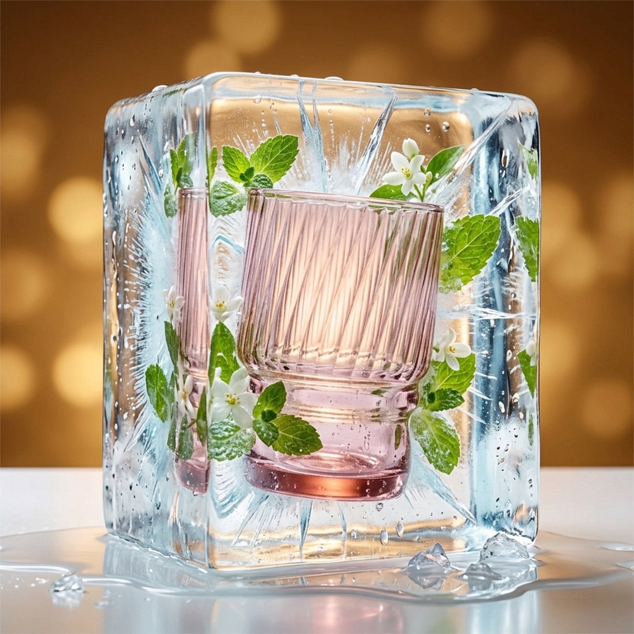 A coffee brown ribbed glass tumbler nestled inside a clear square ice cube with mint leaves and small white flowers, set against a warm golden bokeh background from Hem And Tassel 