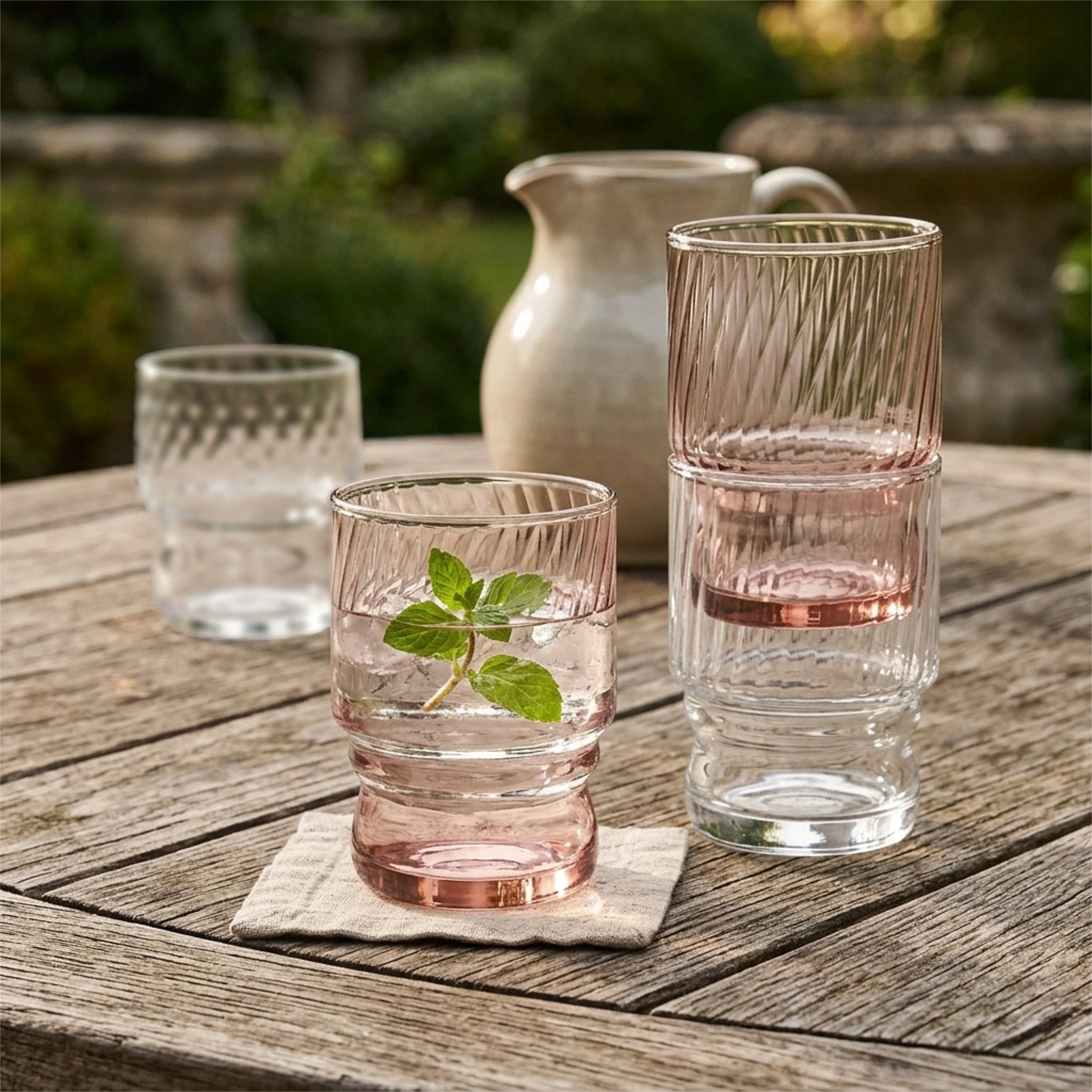 A set of coffee-tinted textured stackable glass tumblers and a matching cream ceramic pitcher arranged on a weathered wooden table outdoors, with one tumbler on a napkin holding a mint leaf from Hem And Tassel 
