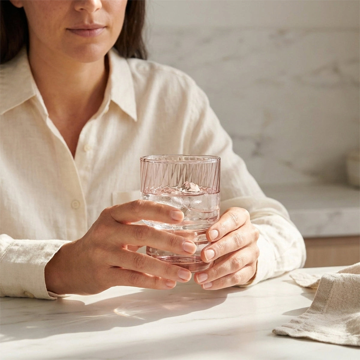A person in a cream linen shirt holds a clear textured stackable glass of water with ice in a bright, modern kitchen setting from Hem And Tassel 