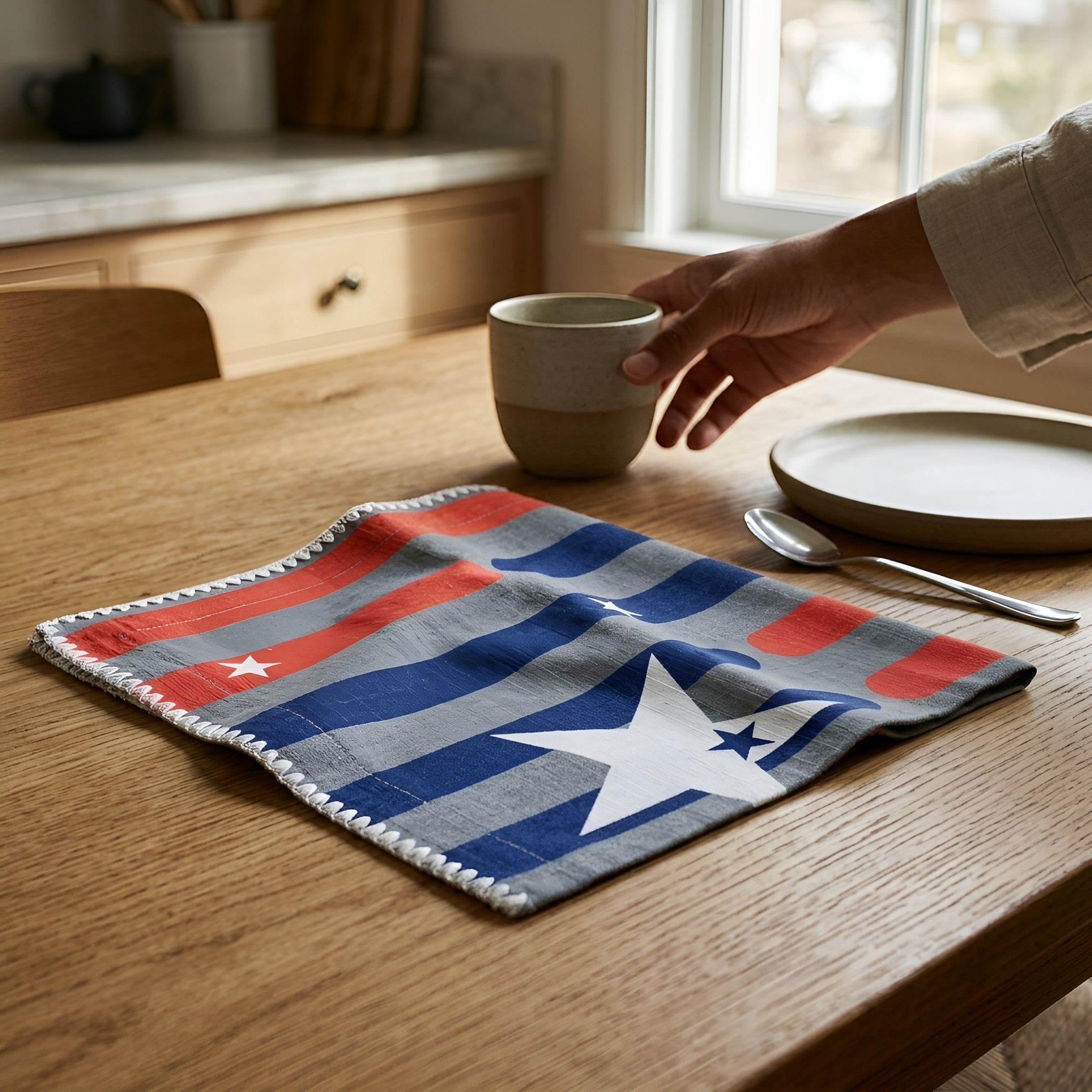 A dinner napkin with an American flag design featuring red, white, and blue stripes and stars, styled on a wooden dining table with a hand holding a ceramic mug nearby from Hem And Tassel 