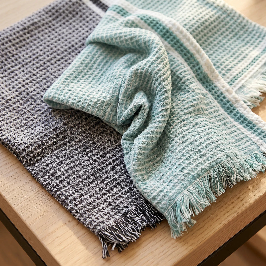stonewashed waffle  - set of two 100% cotton kitchen towels in grass and cjarcpa; close up, from Hem And Tassel