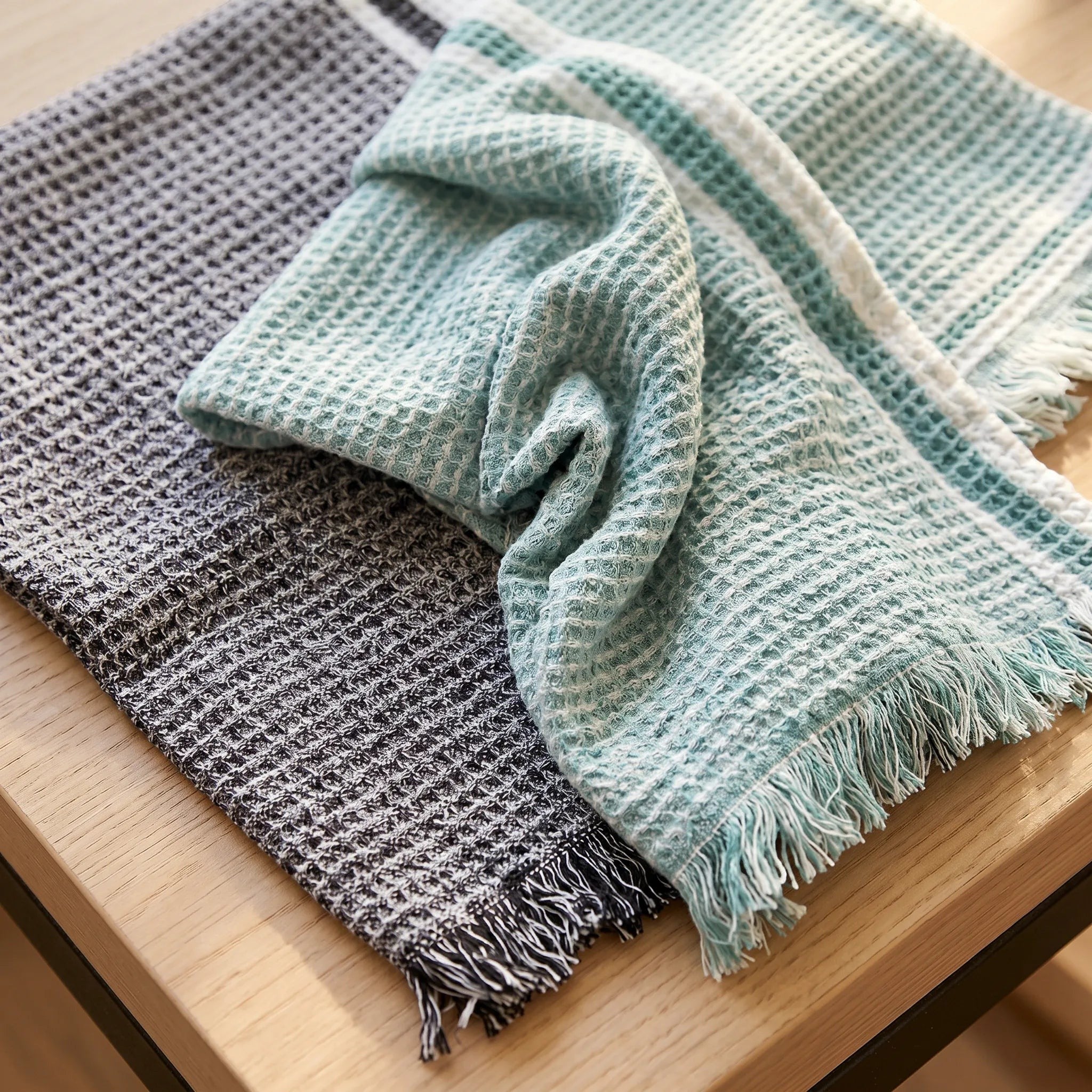 stonewashed waffle  - set of two 100% cotton kitchen towels in grass and cjarcpa; close up, from Hem And Tassel