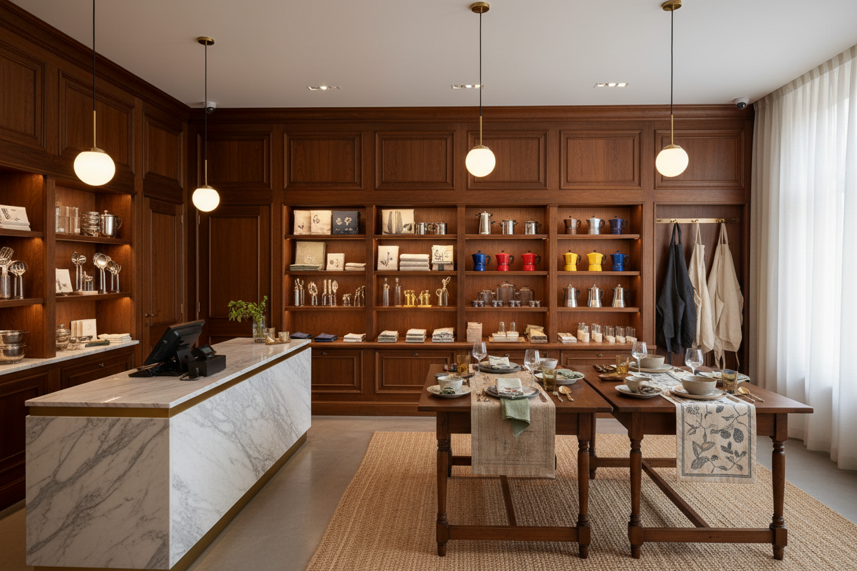 Modern interior design with wooden furniture, shelves, and a counter.
