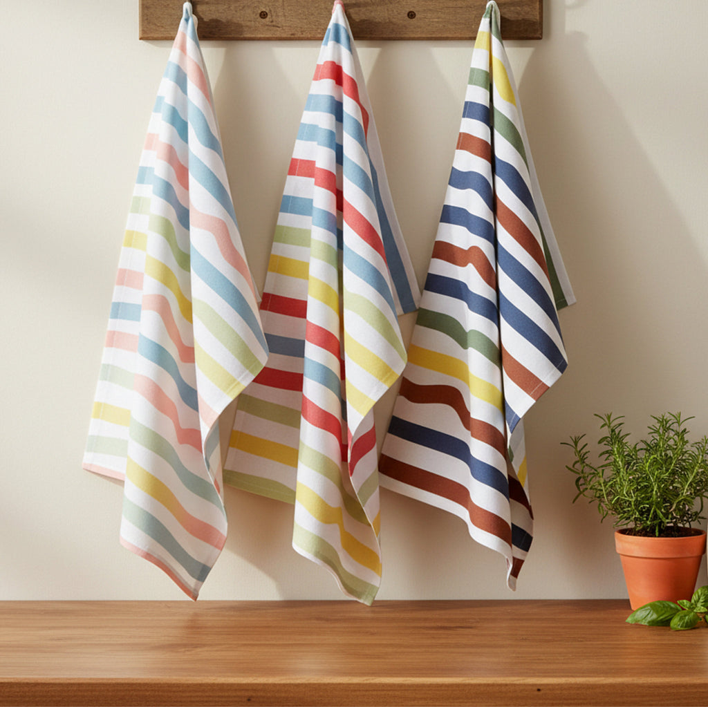 medium-width stripes in Spring, summer and Fall colors on 3 cotton kitchen towels hanging on a beige wall with a pot of rosemary and some basil leaves on a wood counter below from Hem And Tassel 