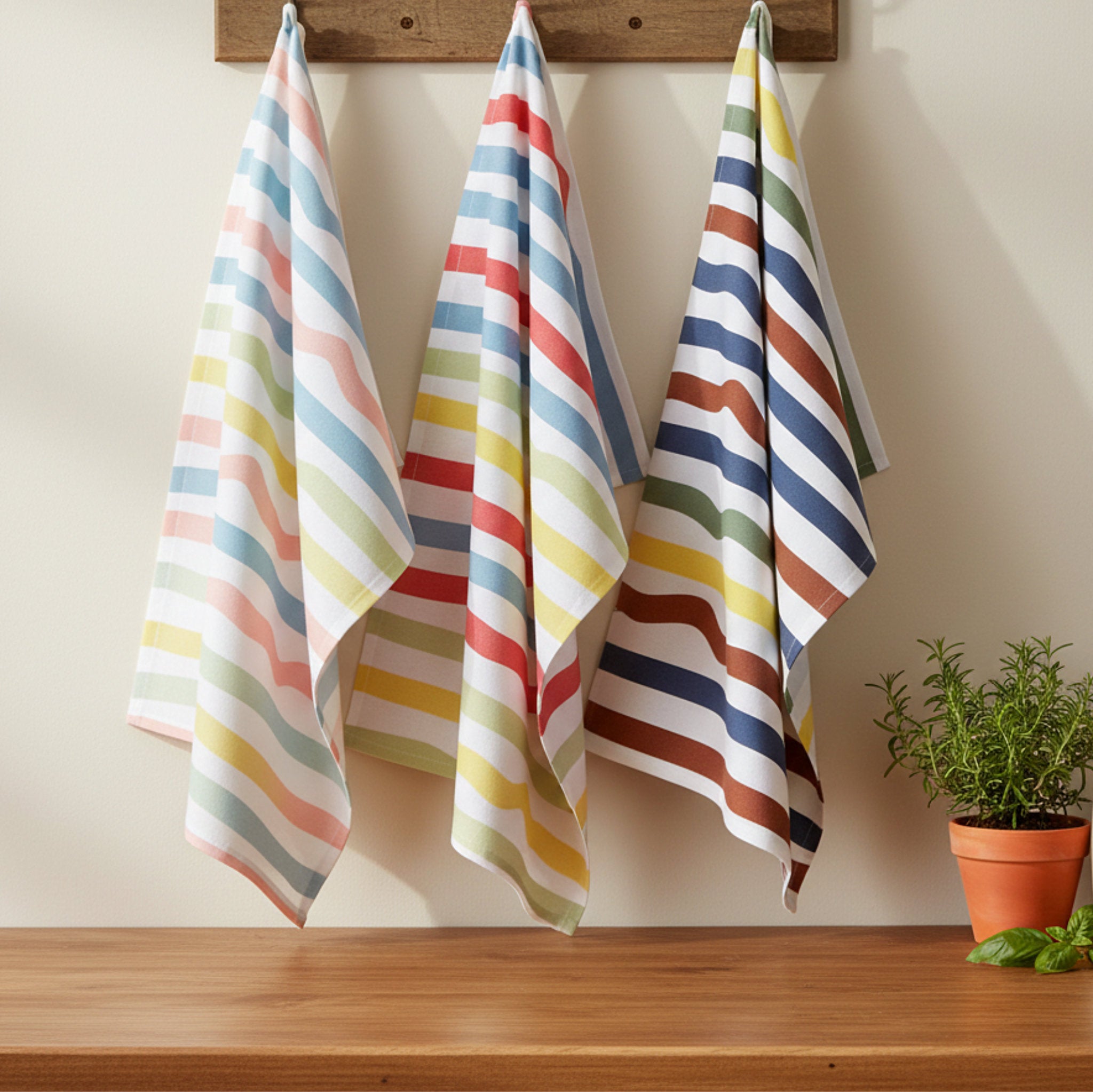medium-width stripes in Spring, summer and Fall colors on 3 cotton kitchen towels hanging on a beige wall with a pot of rosemary and some basil leaves on a wood counter below from Hem And Tassel 