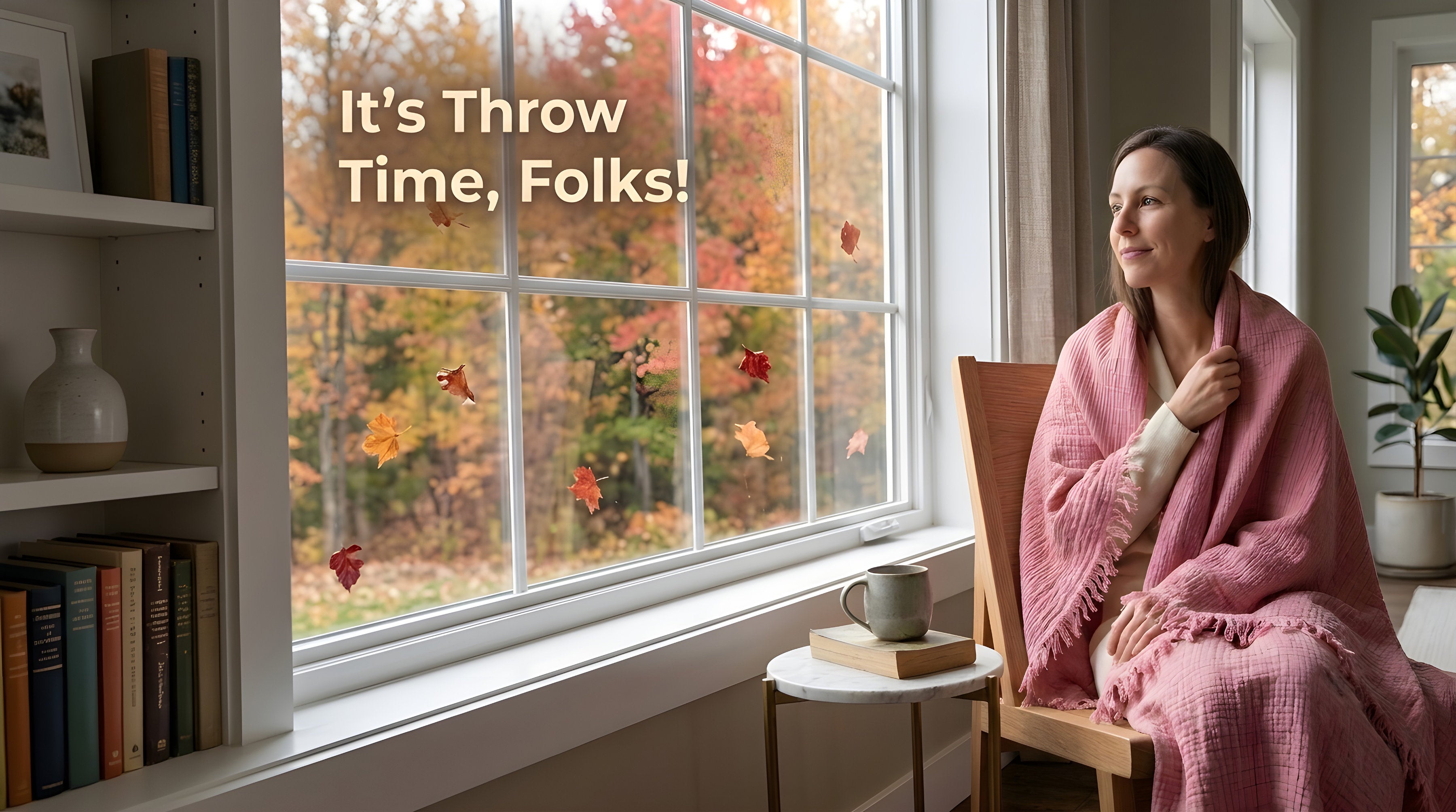 A woman sits in a wooden chair by a large window wrapped in a pink throw blanket, looking out at an autumn garden. The text 'It's Throw Time, Folks!' is overlaid on the left side of the image.