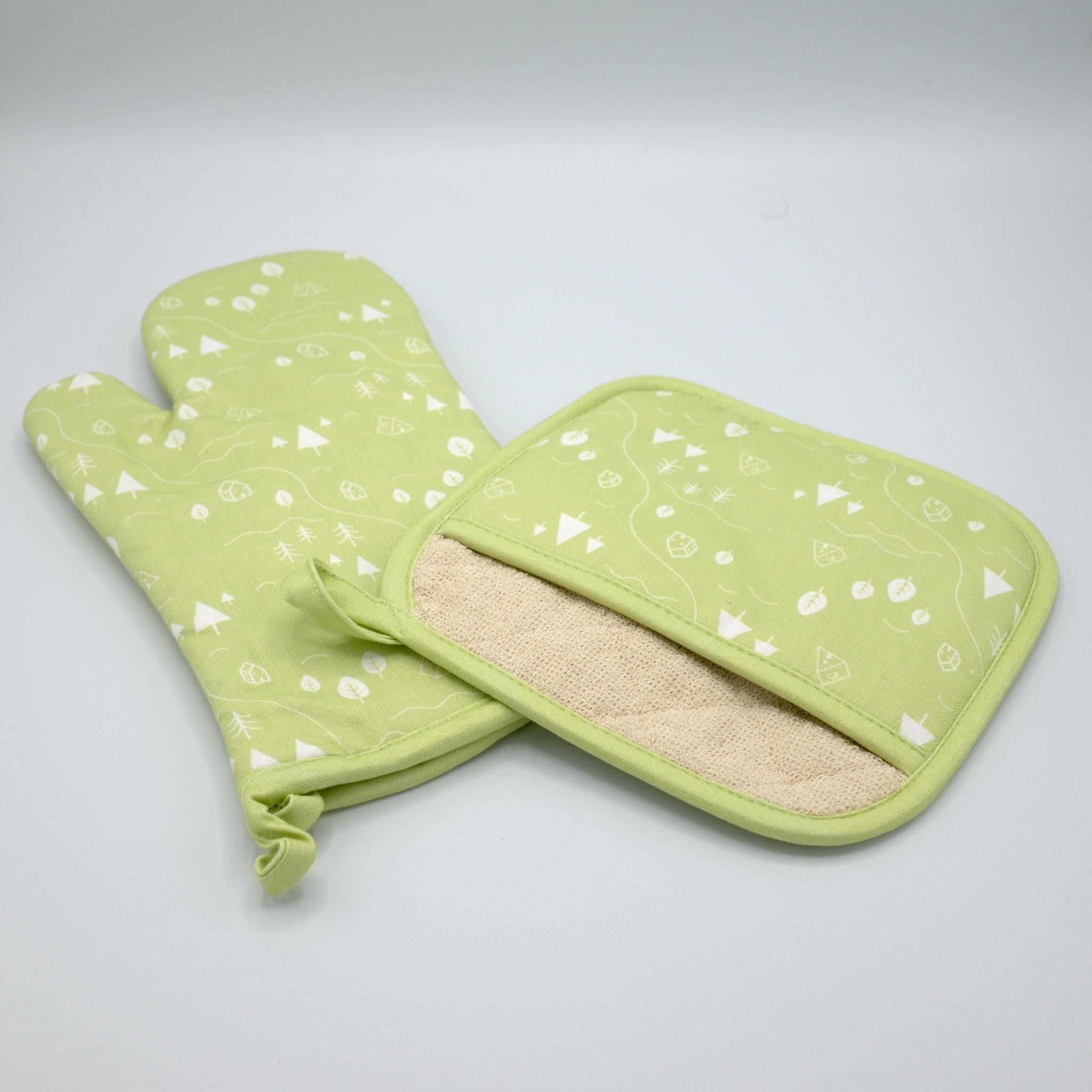 cotton oven mitt and pocketed pot holder, of tiny countryside design in mint, on a light grey background, from Hem And Tassel 