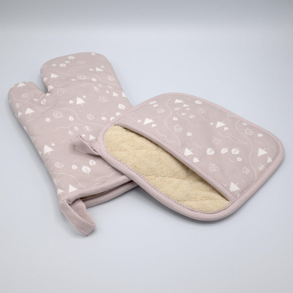 cotton oven mitt and pocketed pot holder, of tiny countryside design in slate, on a light grey background, from Hem And Tassel 