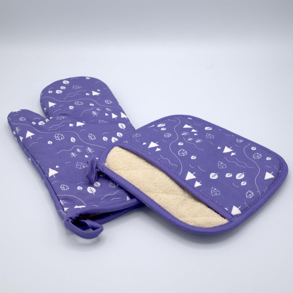 cotton oven mitt and pocketed pot holder, of tiny countryside design in purple, on a light grey background, from Hem And Tassel 