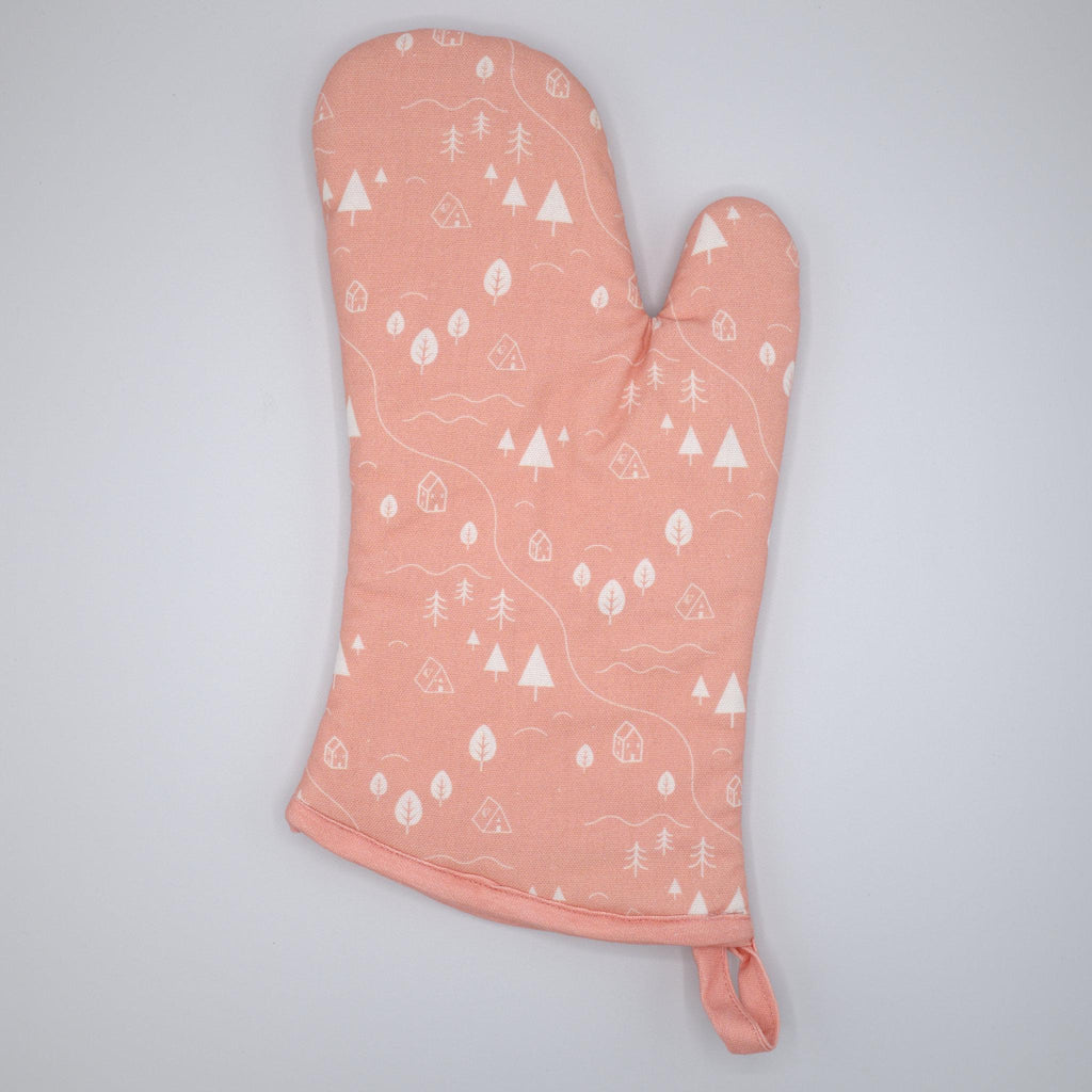 cotton oven mitt of tiny countryside design in blush, on a light grey background, from Hem And Tassel 