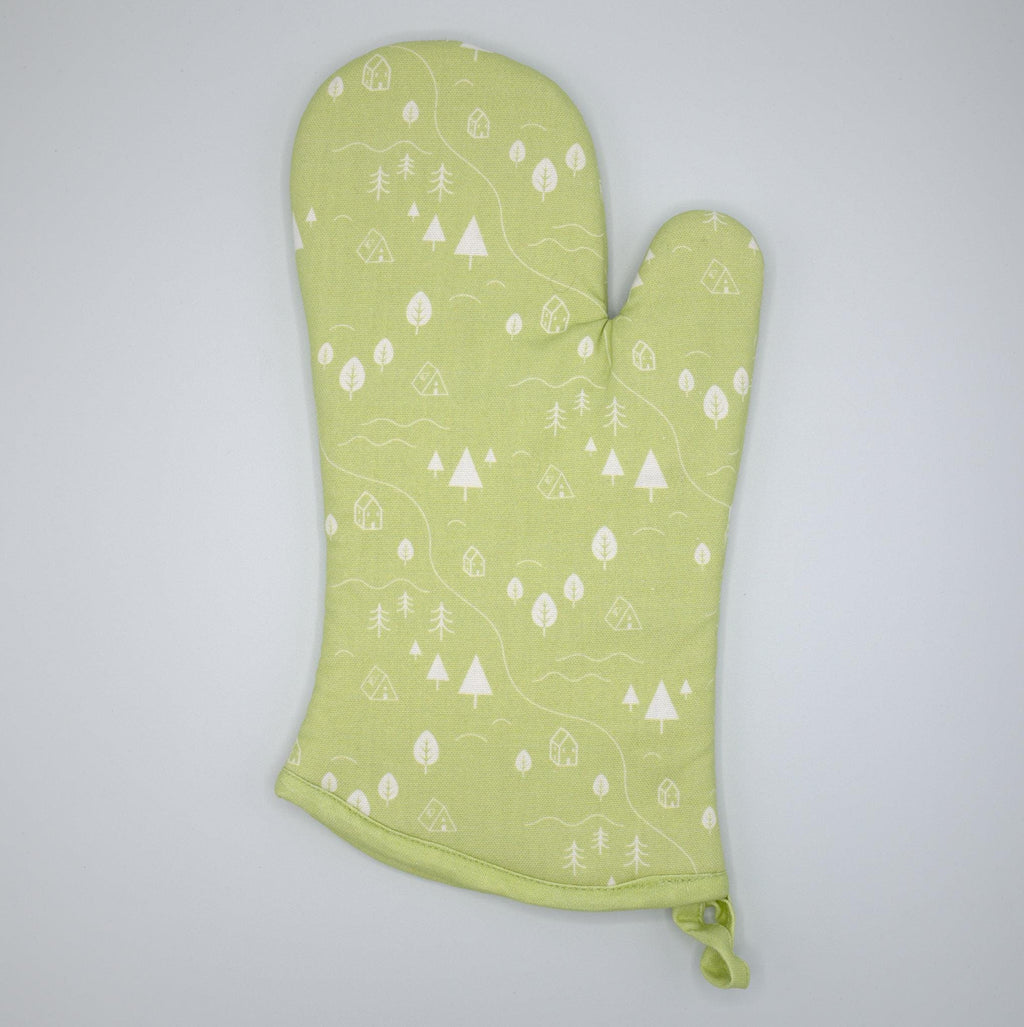 cotton oven mitt of tiny countryside design in mint, on a light grey background, from Hem And Tassel 