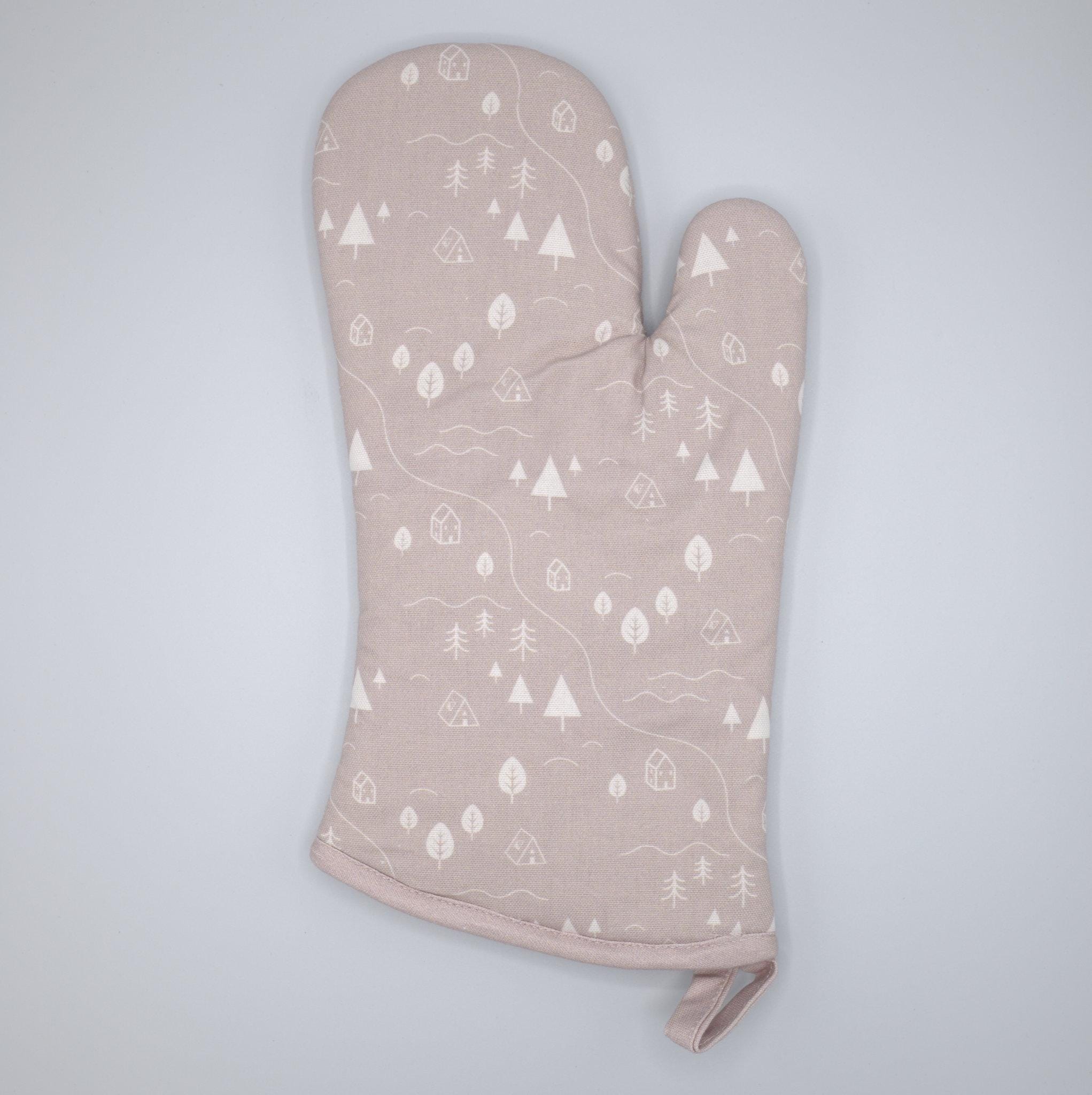 cotton oven mitt of tiny countryside design in slate, on a light grey background, from Hem And Tassel 
