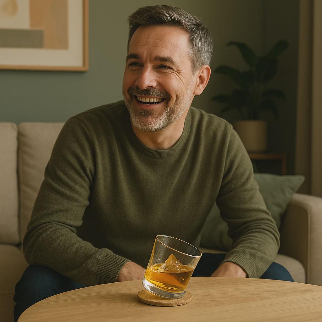 man in living room with made in Japan designer tottering whiskey glass in front of him - glass has whiskey and ice in it